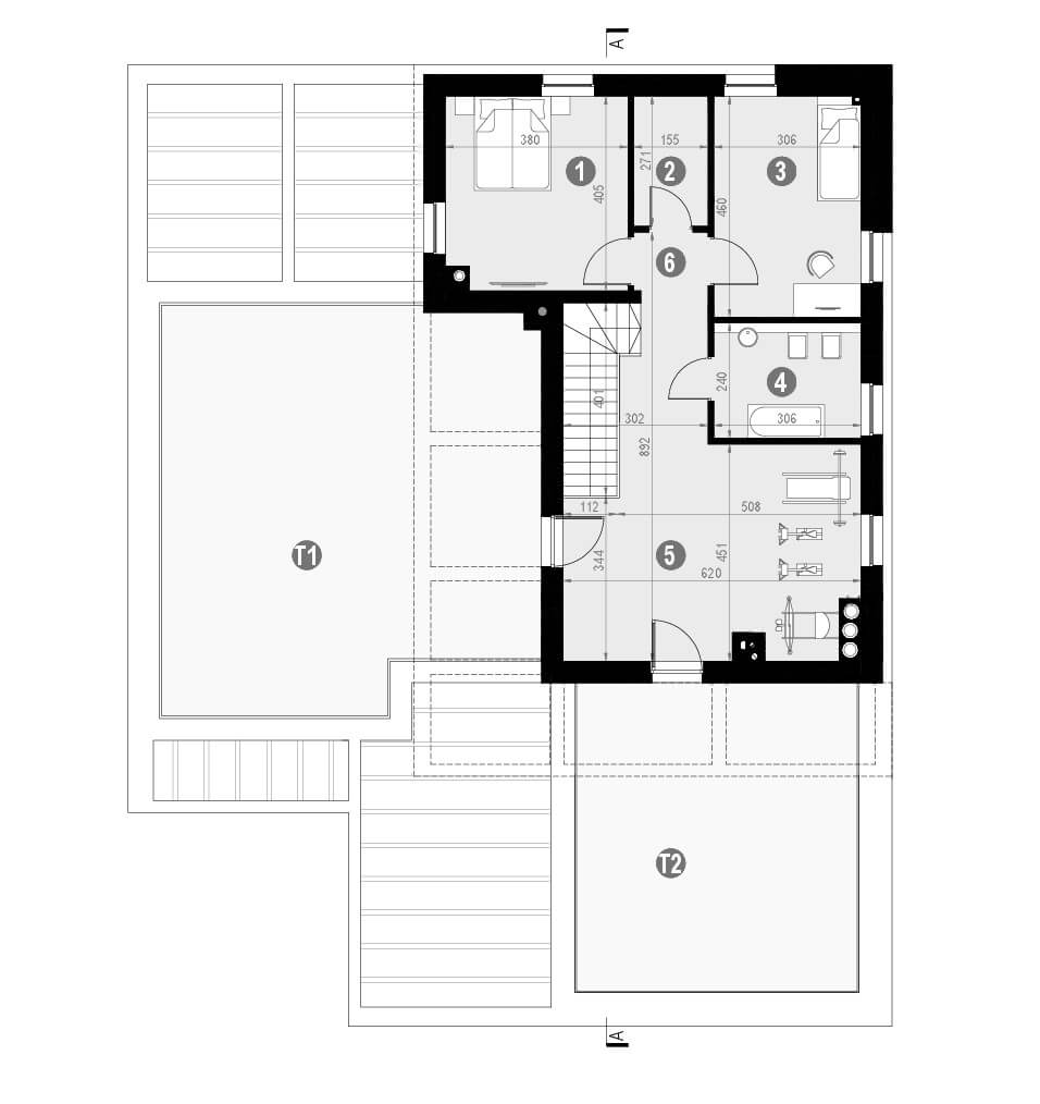 Projekt domu piętrowego z płaskim dachem homekoncept 41 - układ piętra z dużym tarasem.