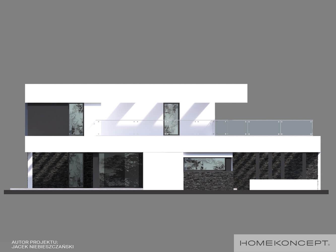 Projekt domu piętrowego z płaskim dachem homekoncept 41 - duży taras na piętrze z szklaną balustradą.