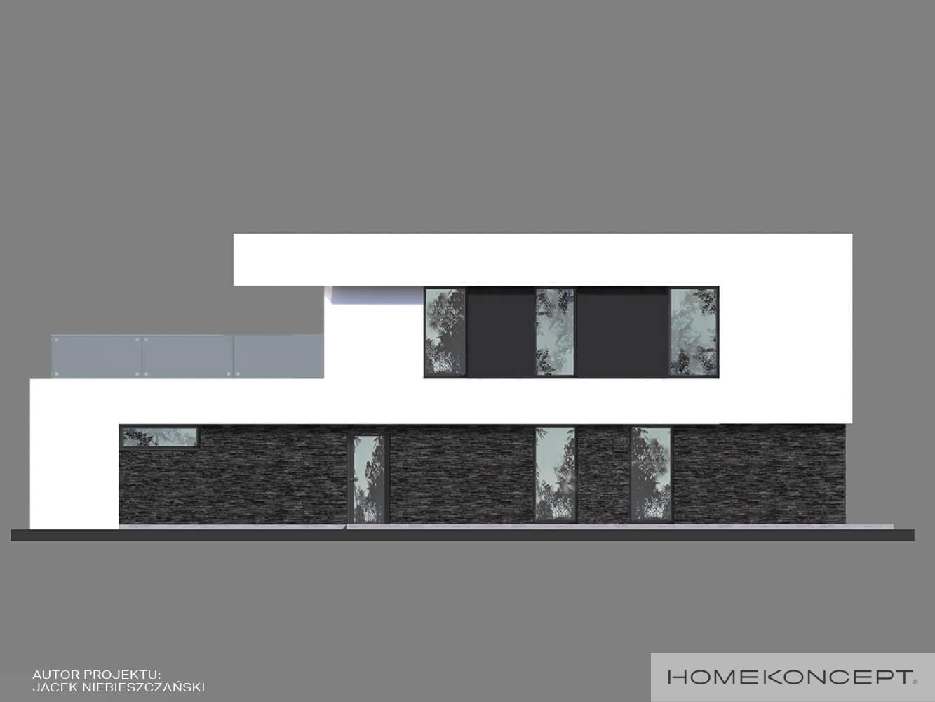 Projekt domu piętrowego z płaskim dachem homekoncept 41 - ściana boczna z tynku silikonowego i i kamienia elewacyjnego.