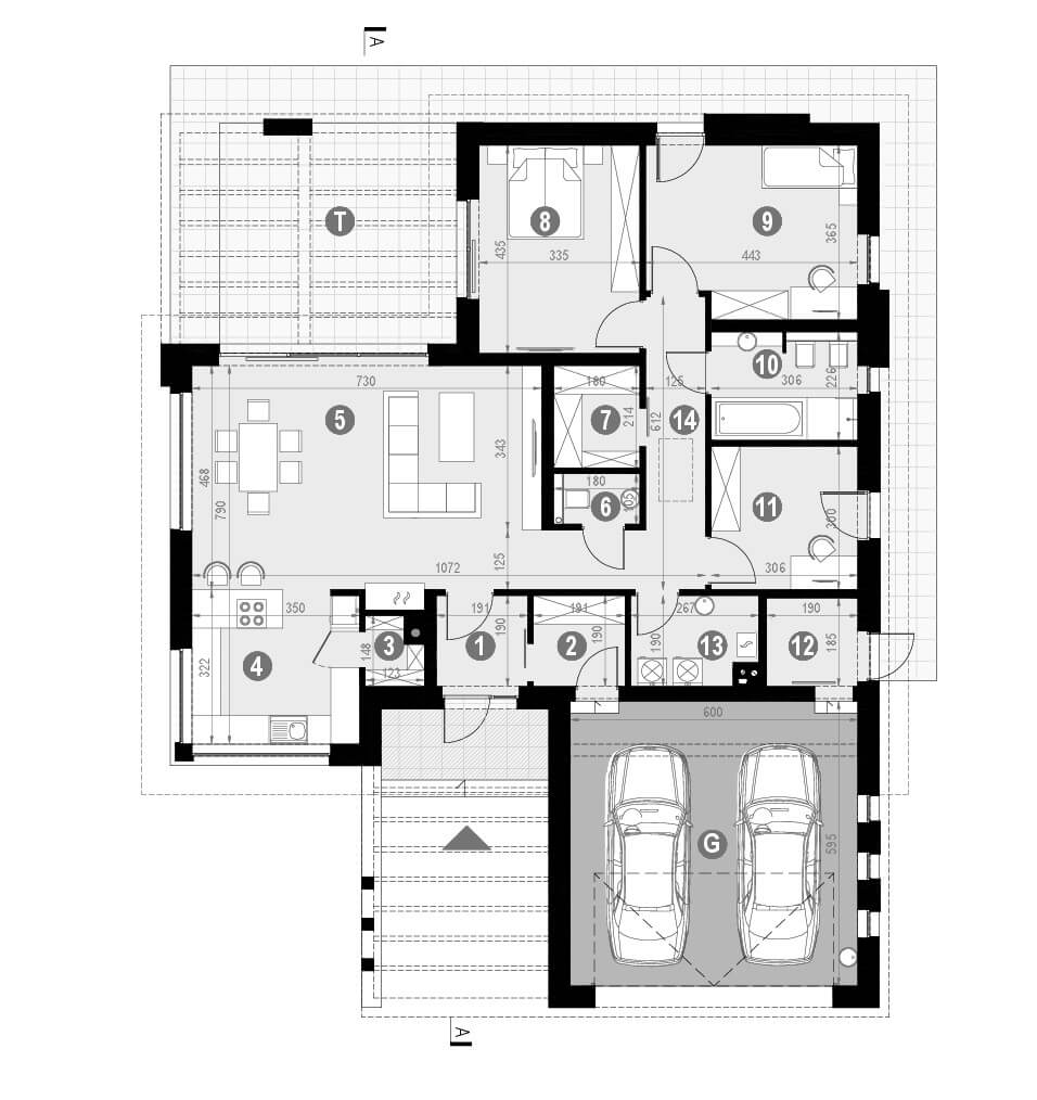 Projekt domu homekoncept 43 - koncepcja parteru domu jednorodzinnego.