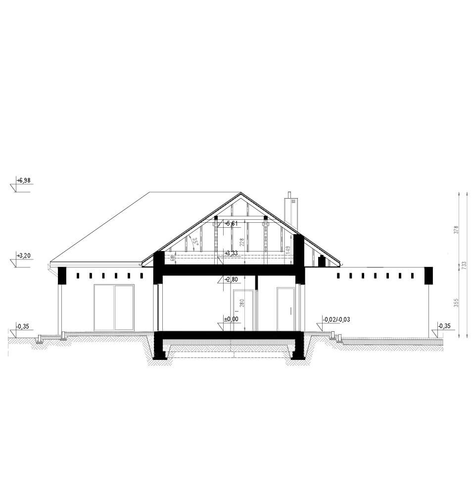 Gotowy projekt domu homekoncept 43 - koncepcja przekroju domu parterowego.