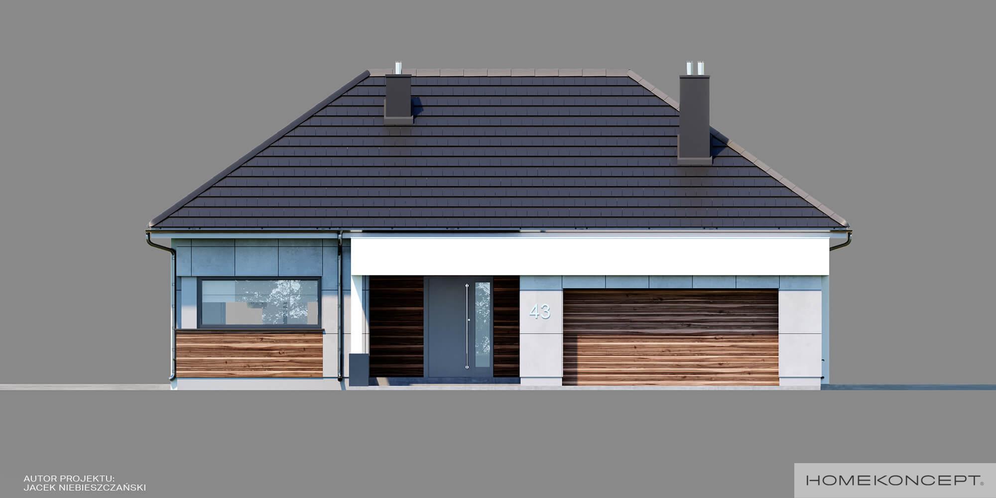 Projekt domu homekoncept 43 - elewacja frontowa z bramą garażową.