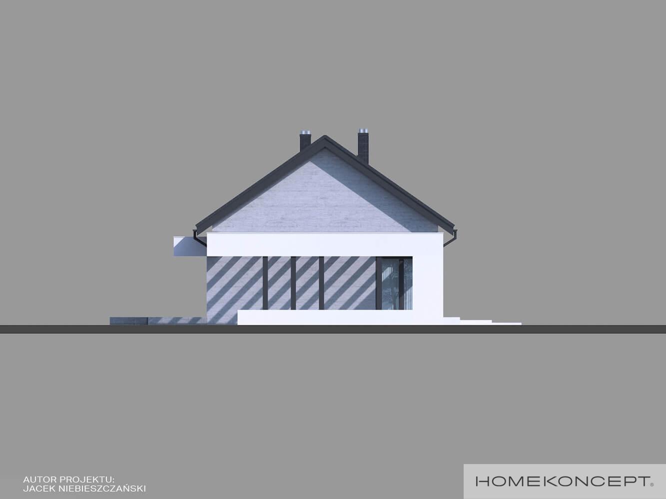 Projekt domu parterowego homekoncept 45 - widok na elewację boczną z wiatą garażową.