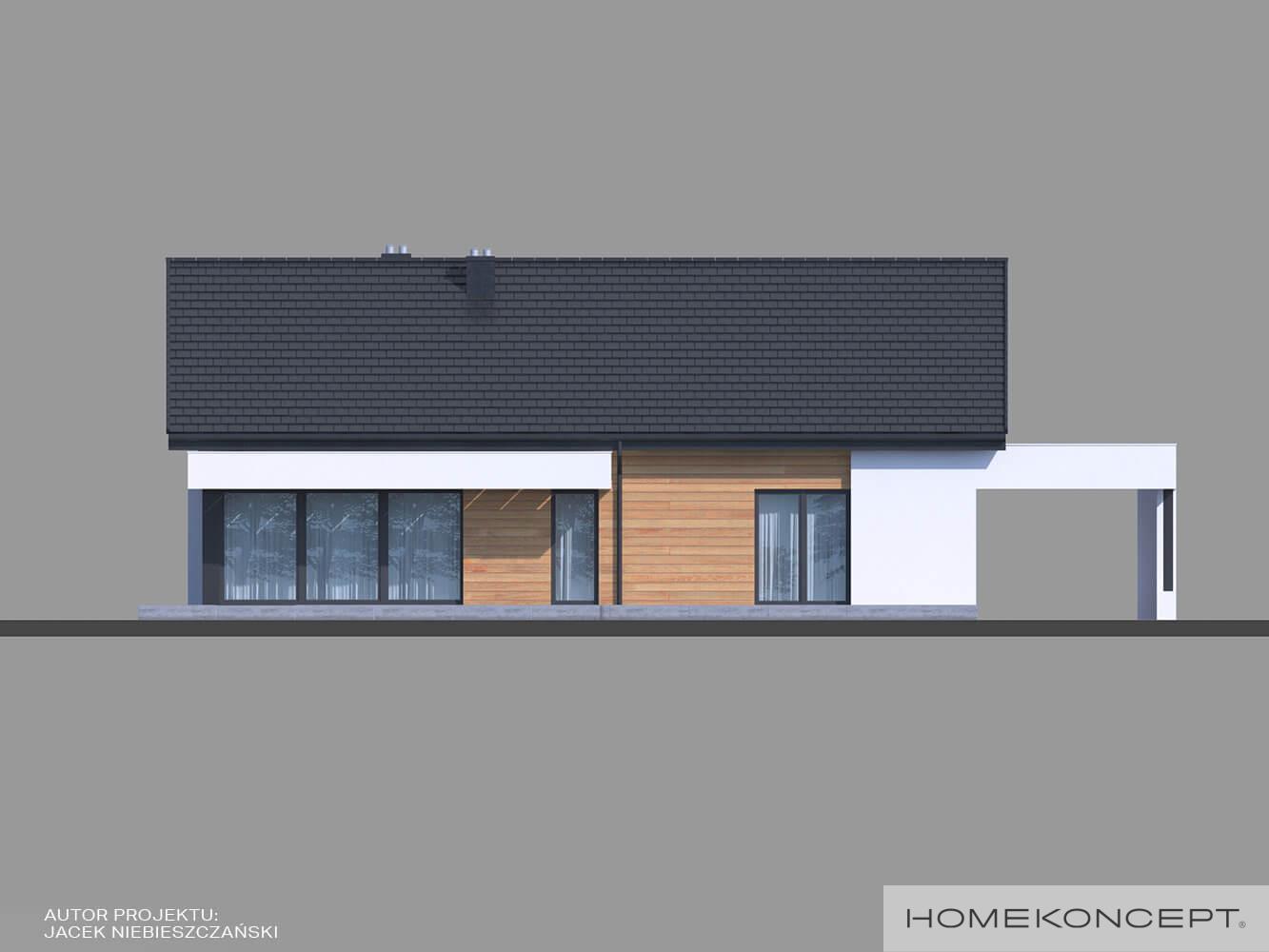 Projekt domu parterowego homekoncept 45 - widok elewacji ogrodowej z ozdobnym belkowaniem.