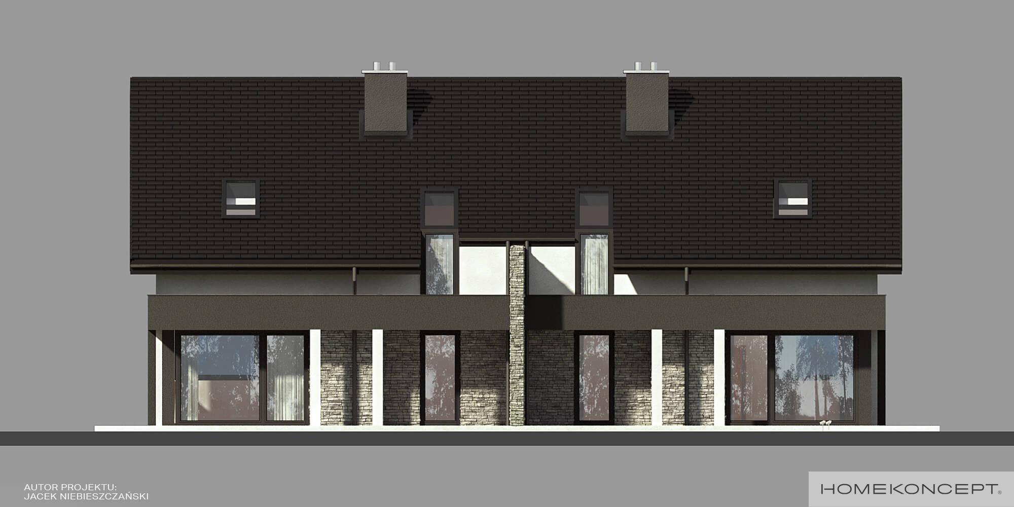 Projekt domu w zabudowie bliźniaczej homekoncept 47 b - widok na elewację ogrodową.