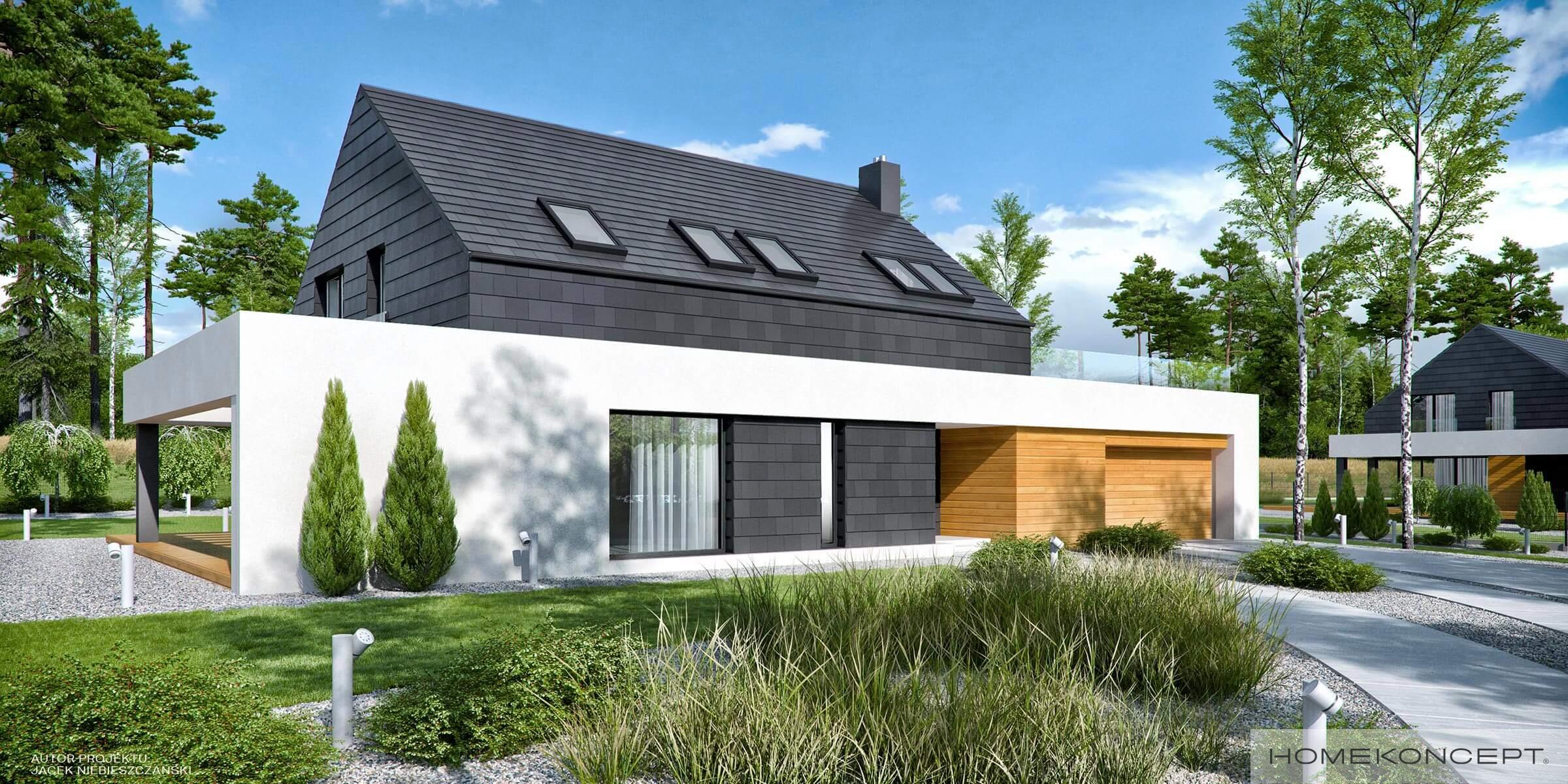 Projekt domu 200m2 homekoncept 50 - widok na strefę wejściową i duże przeszklenie w salonie.