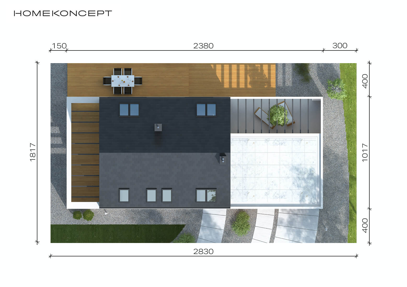 Projekt domu z garażem dwustanowiskowym homekoncept 50 - usytuowanie budynku na działce.