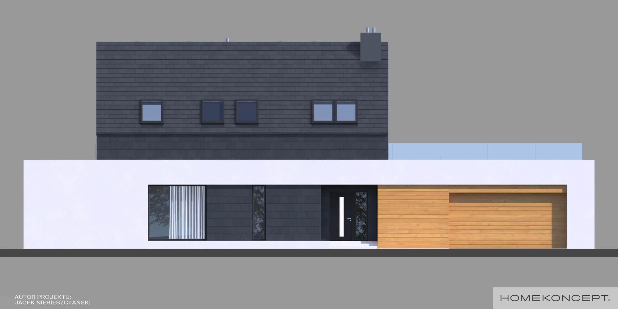 Projekt domu z dachem dwuspadowym homekoncept 50 - widok elewacji frontowej.