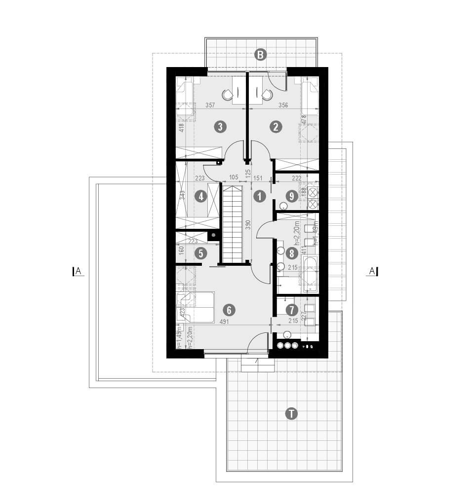 Projekt domu z tarasem homekoncept 51 - widok poddasza wraz z wymiarami.