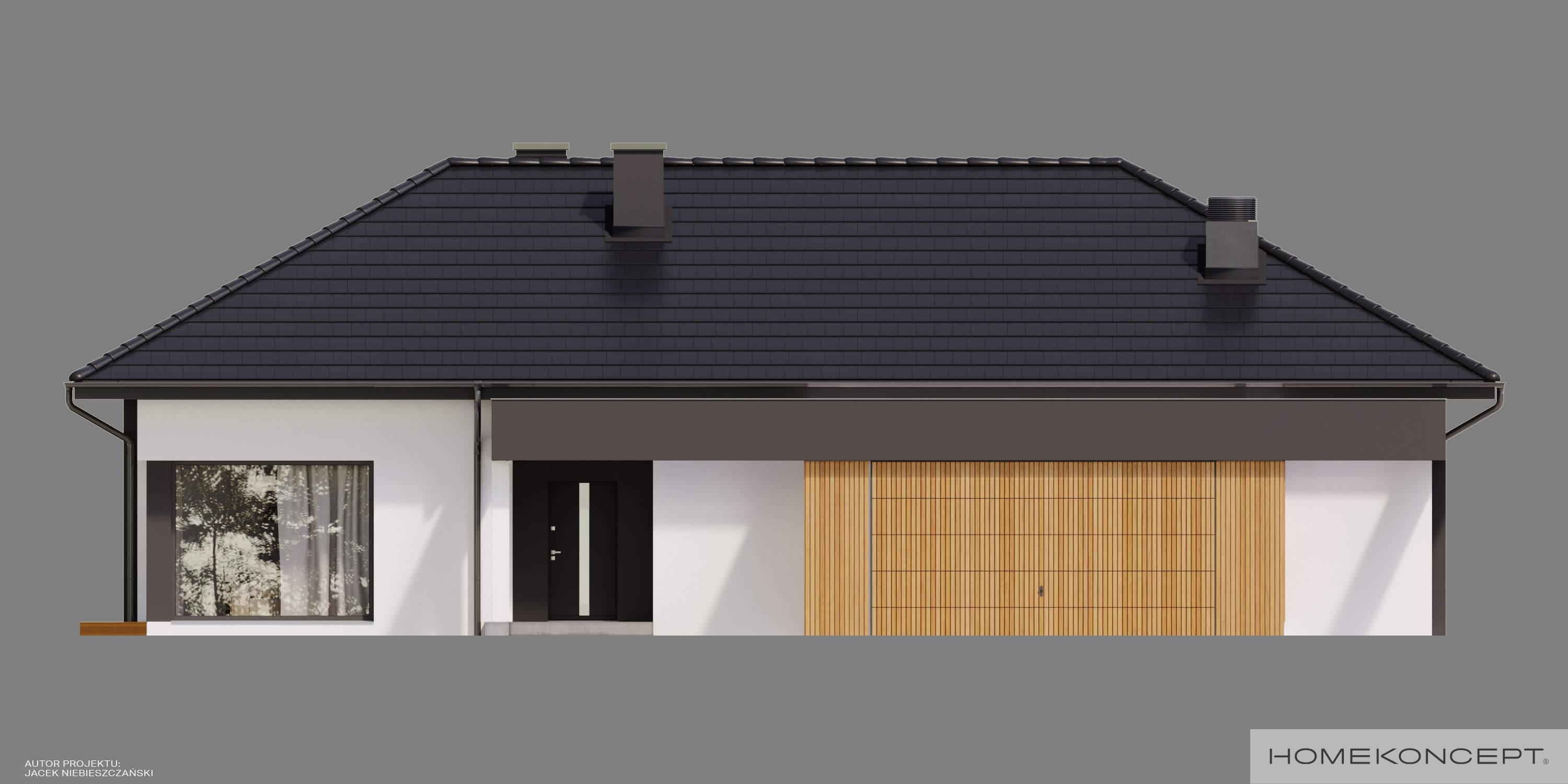 Projekt domu parterowego homekoncept 69 - widok frontu i bramy garażowej.