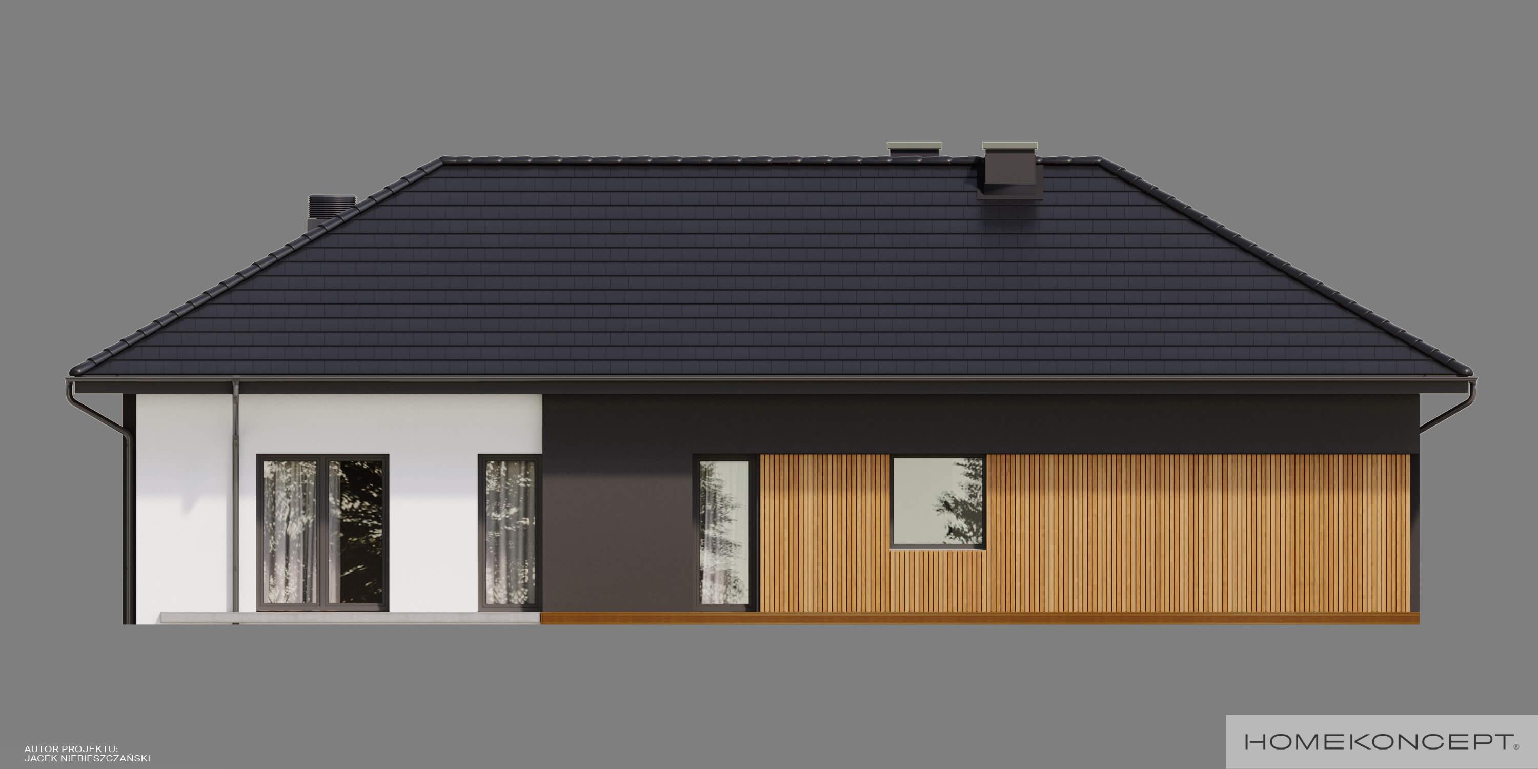 Projekt domu parterowego homekoncept 69 - widok strefy ogrodowej budynku.