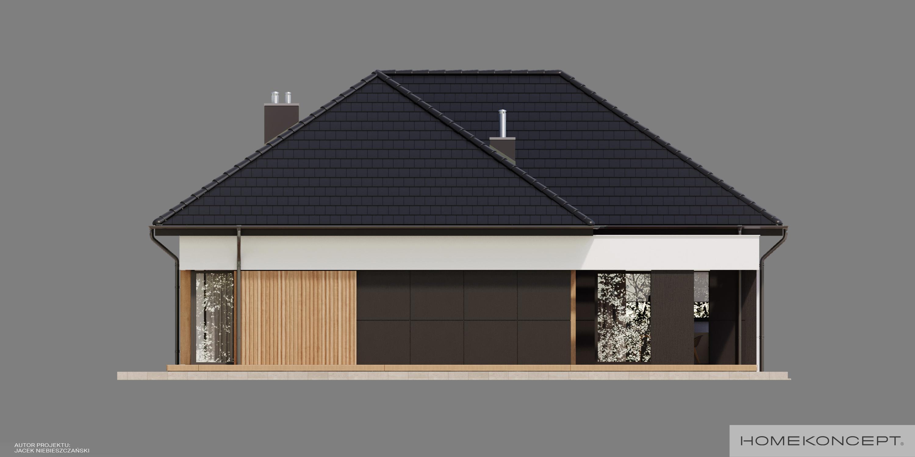 Projekt domu parterowego homekoncept 70 - widok strefy ogrodowej z tarasem.
