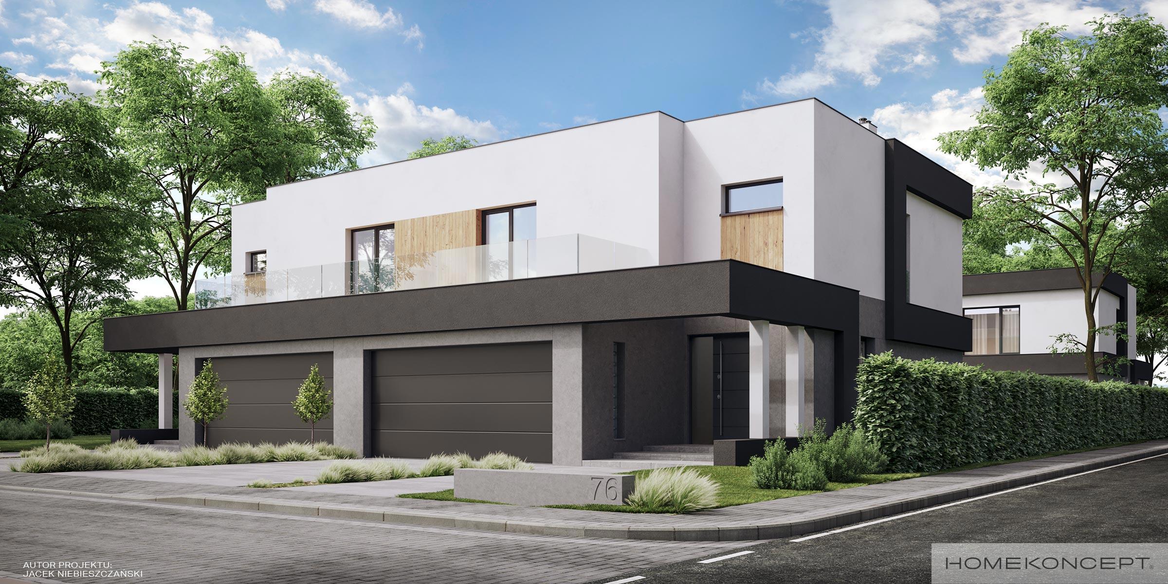 Projekty domów piętrowych - projekty domów jednorodzinnych - projekty domów z płaskim dachem homekoncept 76 d - widok na wejście do domu i garaż.