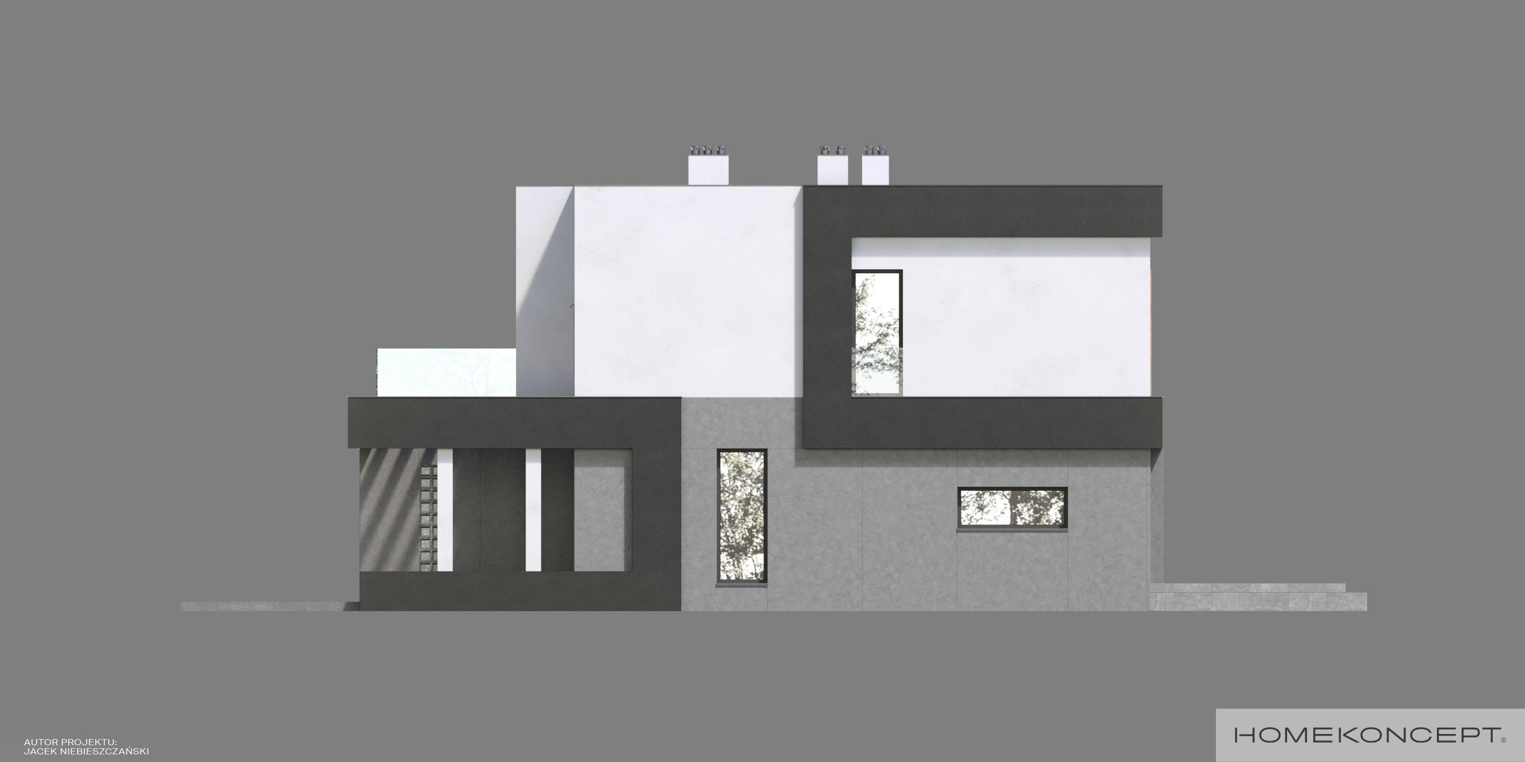 Projekt domu piętrowego homekoncept 76 d - widok elewacji bocznej z ozdobnym belkowaniem.