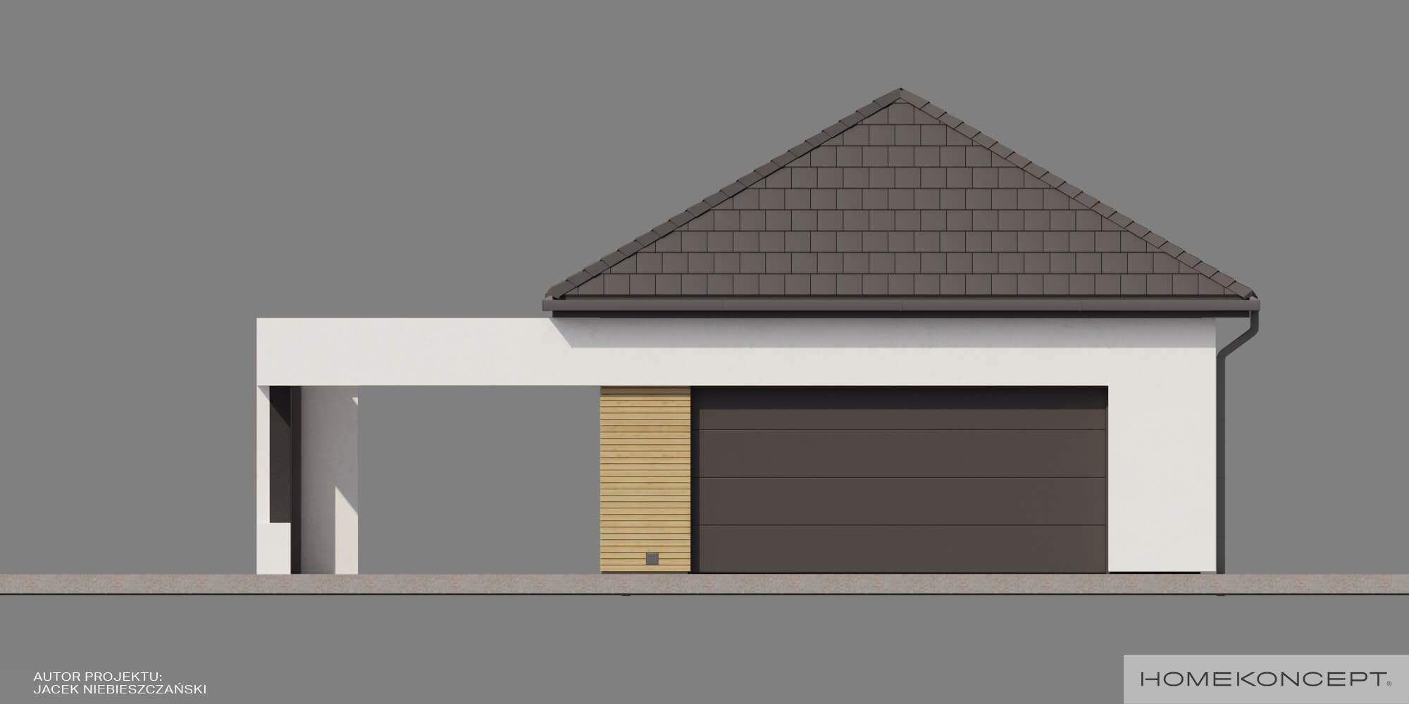 Projekt garażu z wiatą homekoncept g 01 - widok frontu, widok na bramę garażową i wiatę.