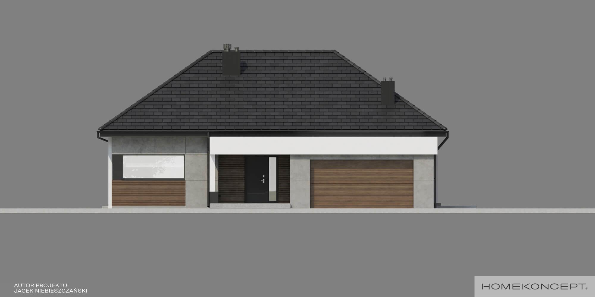 Gotowy projekt domu homekoncept 31 wariant 04 - elewacja frontowa z desek elewacyjnych.