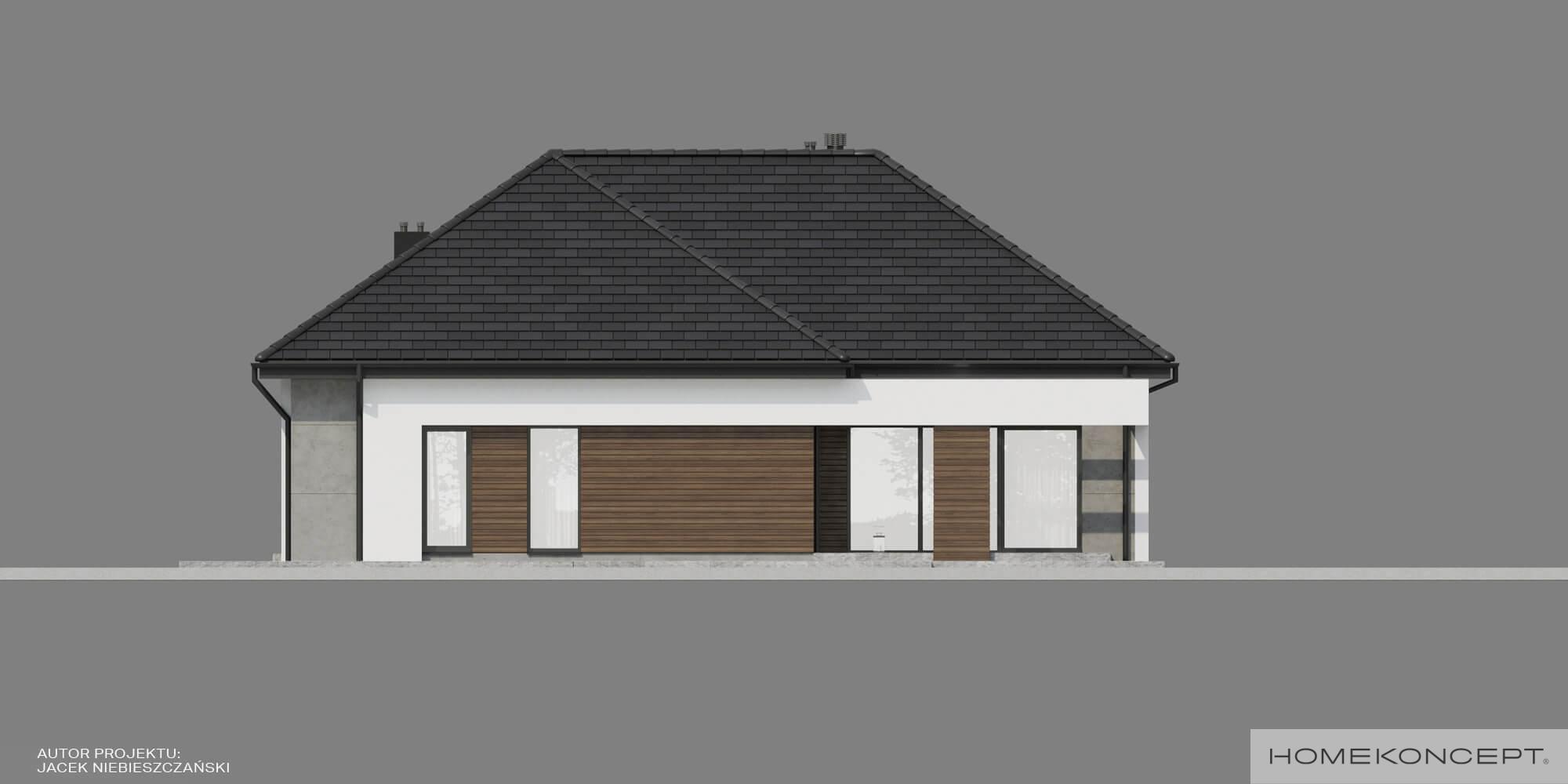 Gotowy projekt domu homekoncept 31 wariant 04 - elewacja ogrodowa z licznymi przeszkleniami.