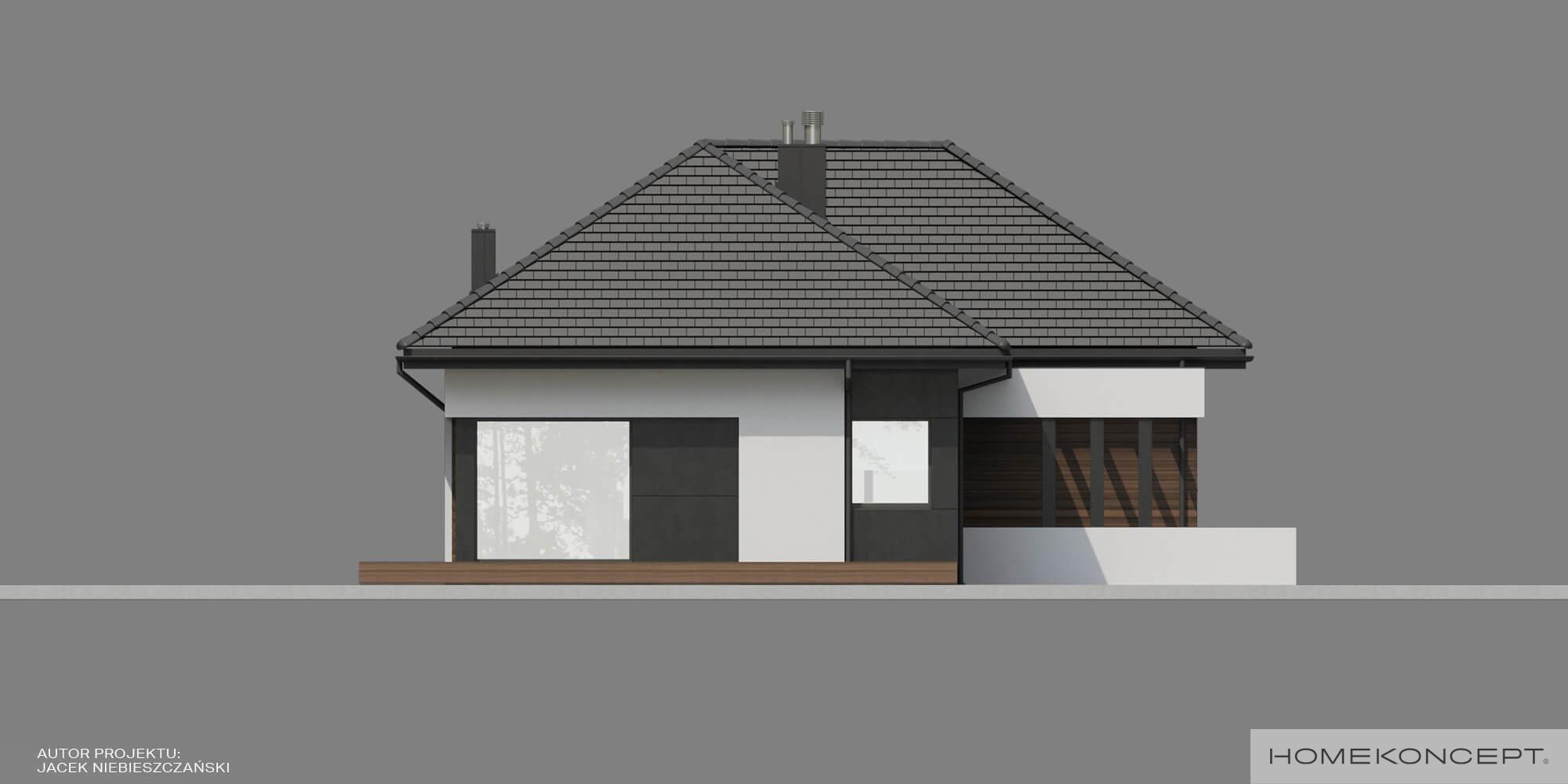 Projekt domu homekoncept 36 wariant 02 - ściana boczna z czarnym belkowaniem.