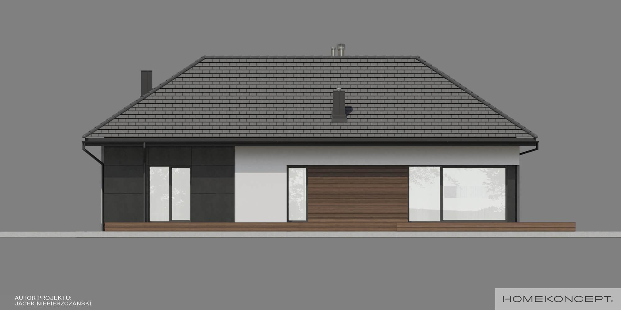 Gotowy projekt domu homekoncept 36 wariant 02 - elewacja ogrodowa z drewna i tynku silikonowego.