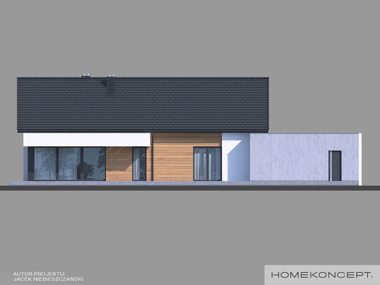 Projekt domu nowoczesnego parterowego homekoncept 45 g2 - widok elewacji ogrodowej z ozdobnym belkowaniem.