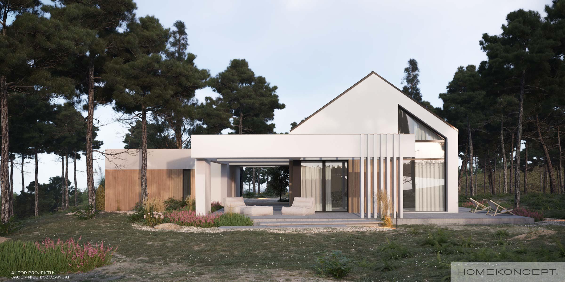 Projekt domu 80m2 homekoncept 80 g2 - widok na taras i duże pzreszklenie.
