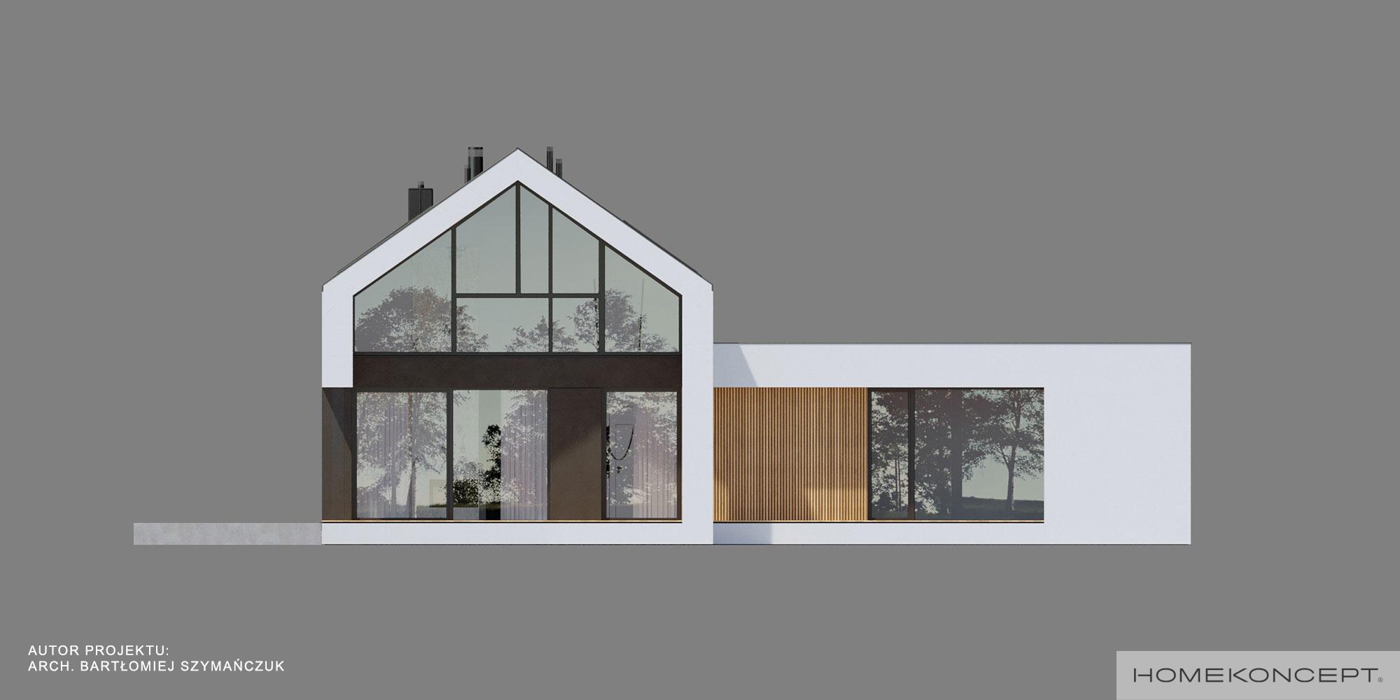 Nowoczesna stodoła projekt homekoncept 89 g2 - widok elewacji ogrodowej z tynku silikonowego.