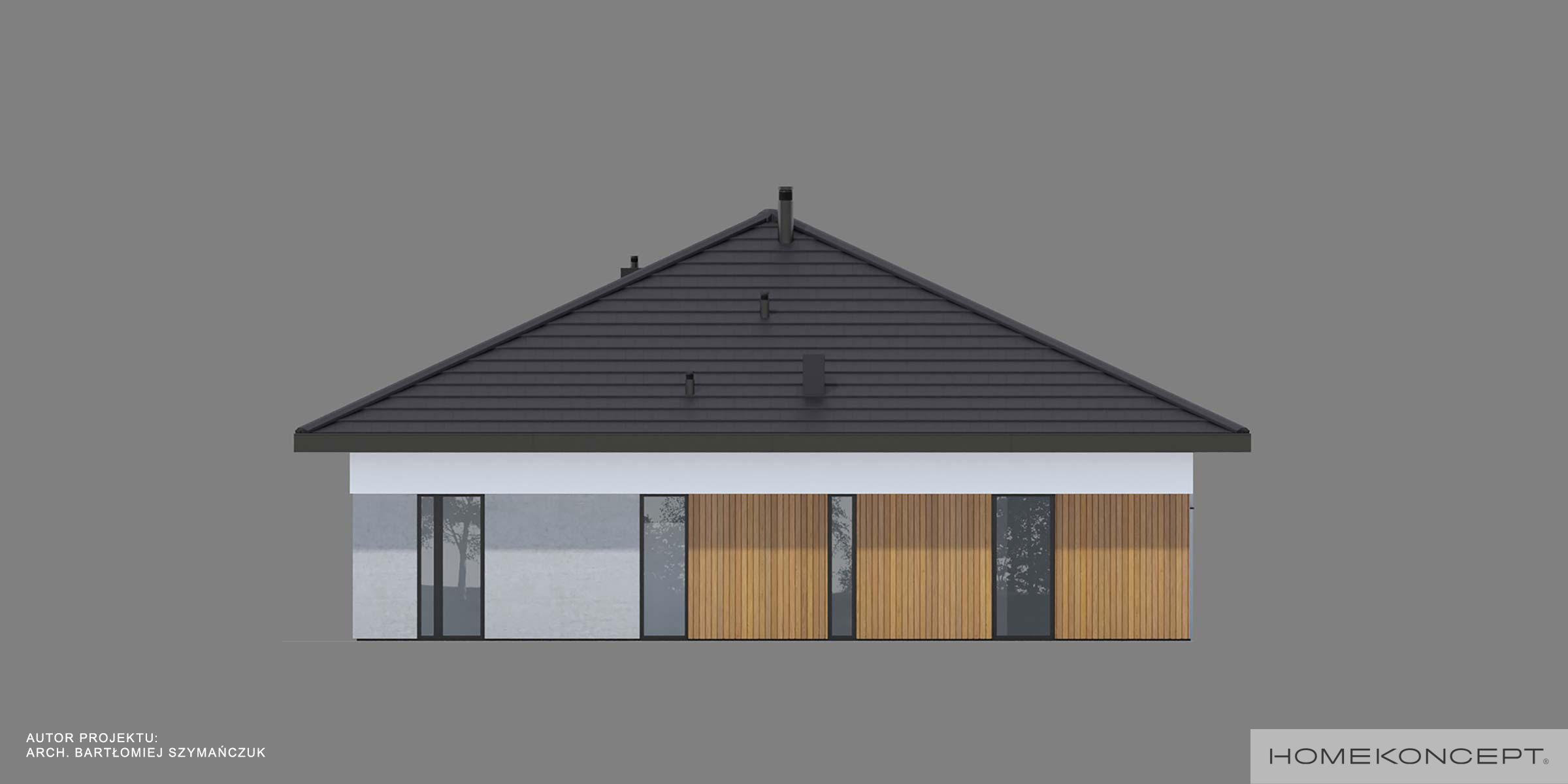 Projekt domu z garażem homekoncept 97 g2 ytong - widok elewacji bocznej z tynku i drewna.