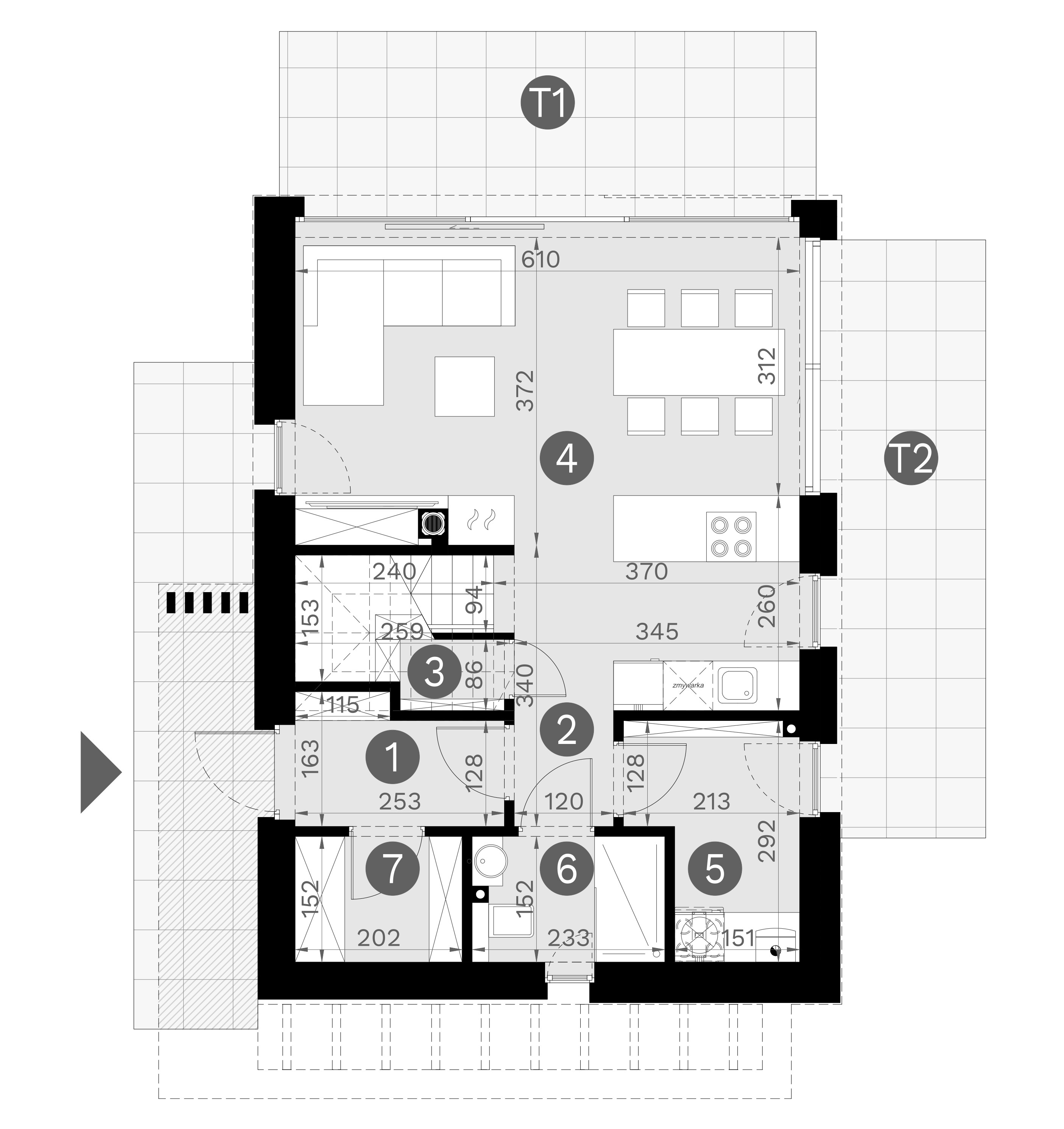 Projekt domu z poddaszem homekoncept 101 - pomieszczenia na parterze i ich wymiary.