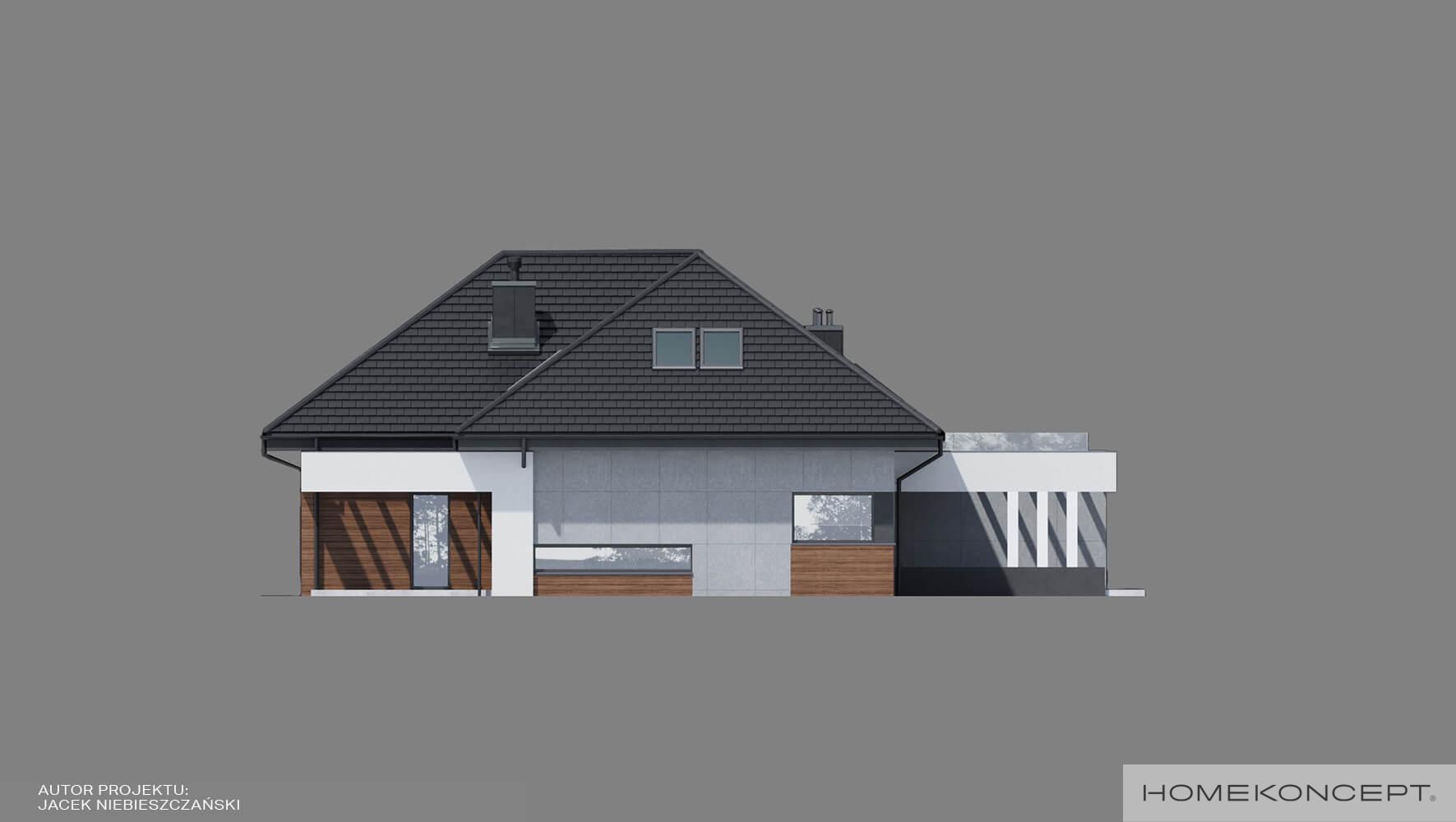 Projekt domu 200m2 homekoncept 33 wariant 01 - widok ściany bocznej budynku.