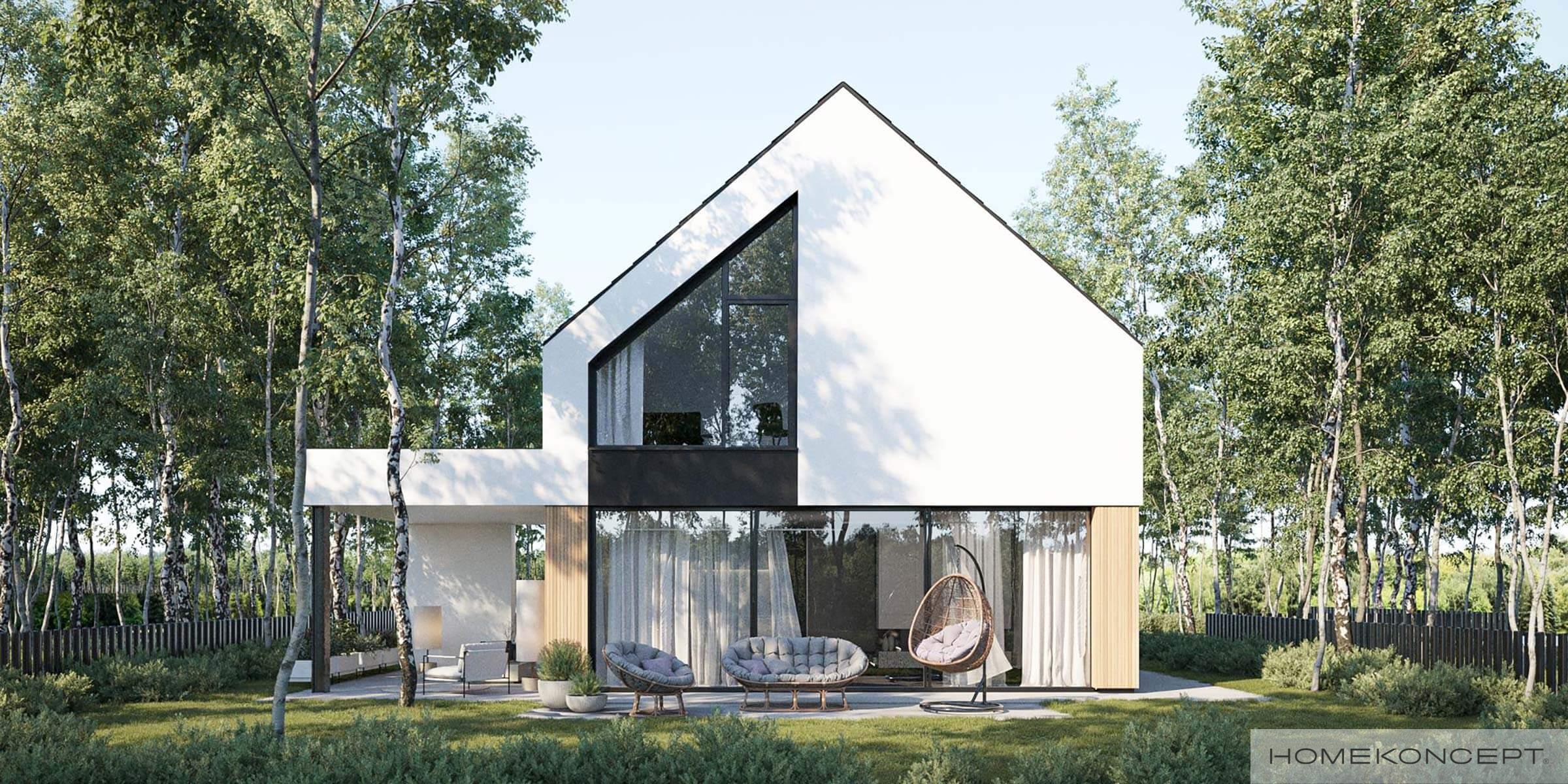 Projekty domów 120m2 - projekt domu z poddaszem - projekty domów 130m2 homekoncept 100 wariant 01 - widok tarasu i mebli ogrodowych.