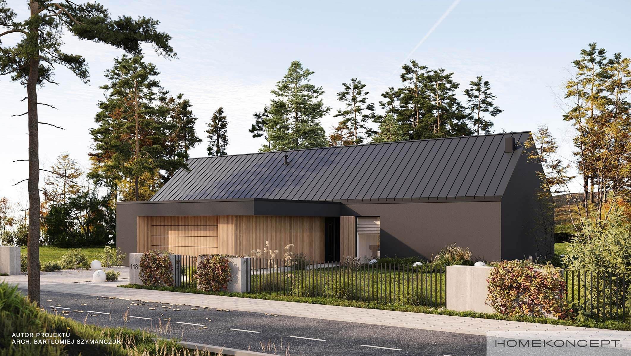 Projekty domów parterowych z garażem - domy w kształcie litery l - projekty domów 120m2 - projekt domu z antresolą homekoncept 118 g2 - widok na front.