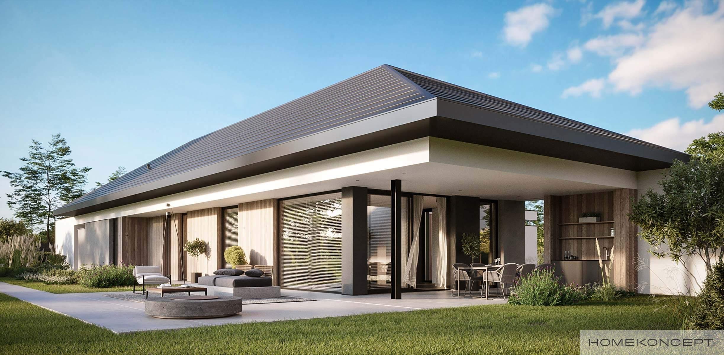 Domy w kształcie litery l - projekt domu 150m2 - projekt domu parterowego homekoncept 108 - widok elewacji ogrodowej z licznymi przeszkleniami.