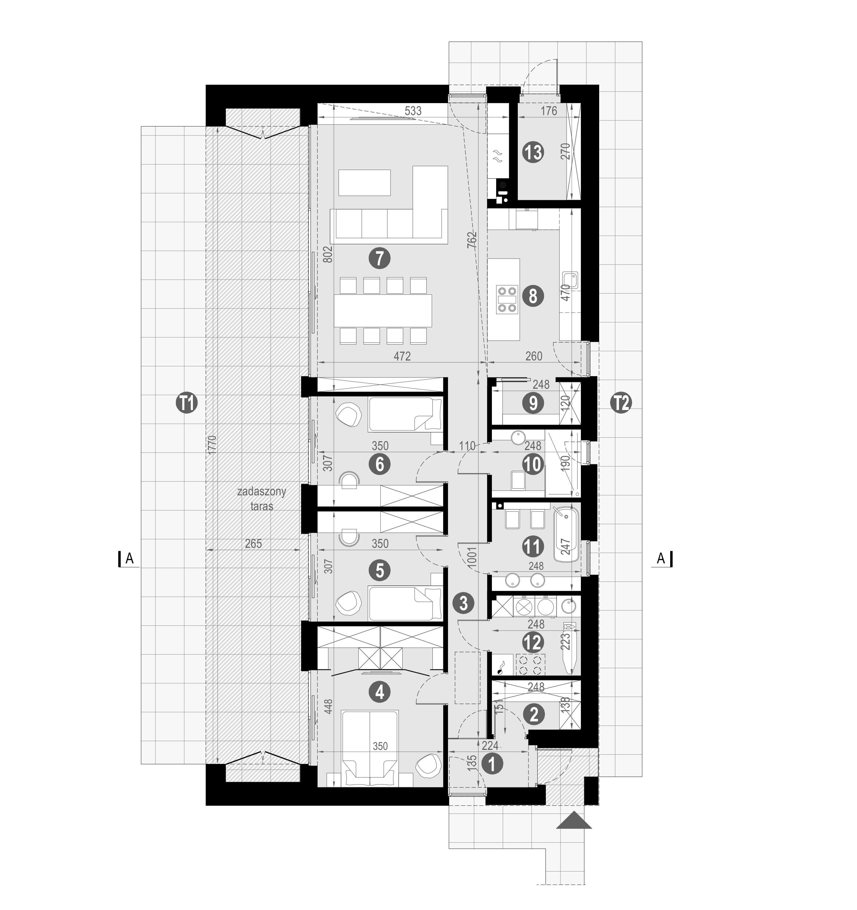 Nowoczesna stodoła projekt homekoncept 120 - układ funkcjonalny parteru.