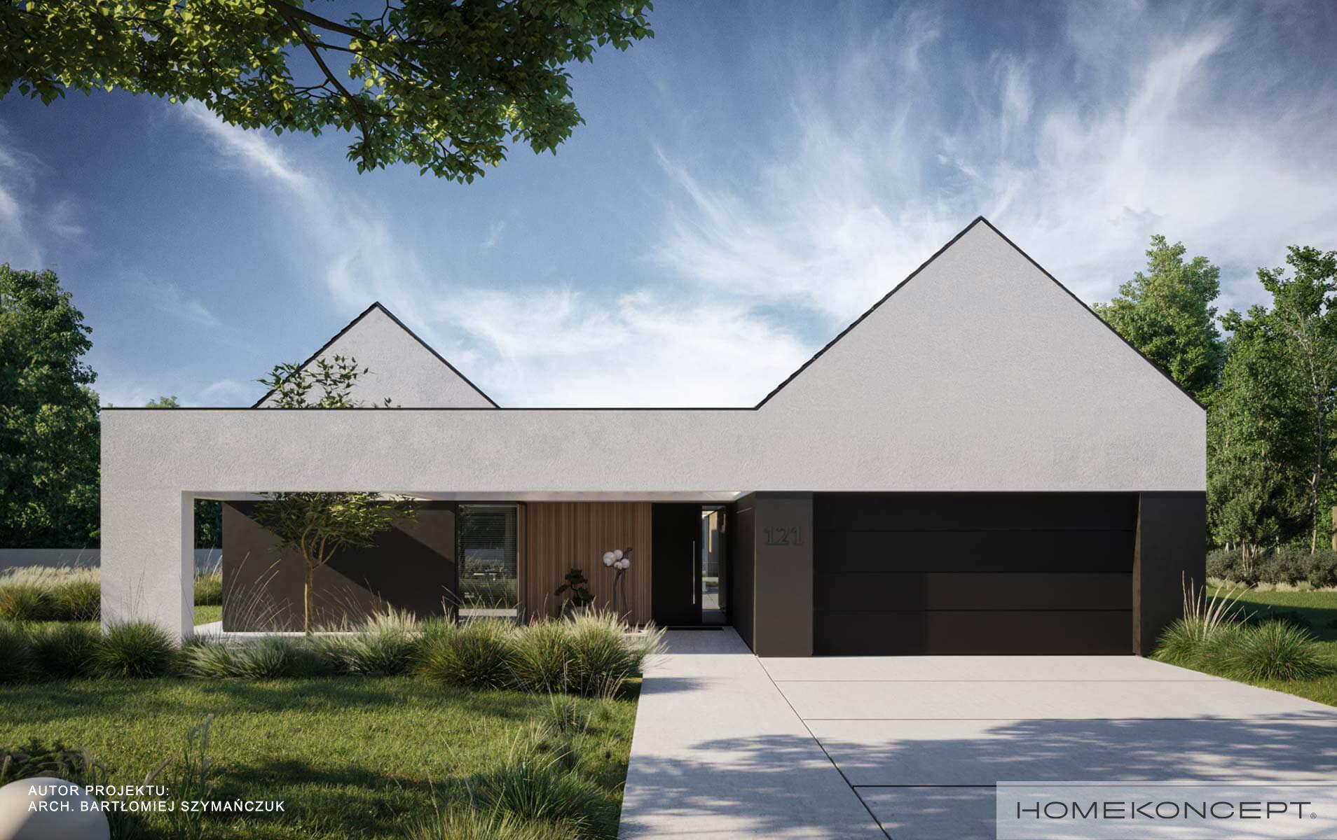 Projekty domów jednorodzinnych - nowoczesna stodoła projekt - projekty domów parterowych z garażem homekoncept 121 - widok na front budynku.