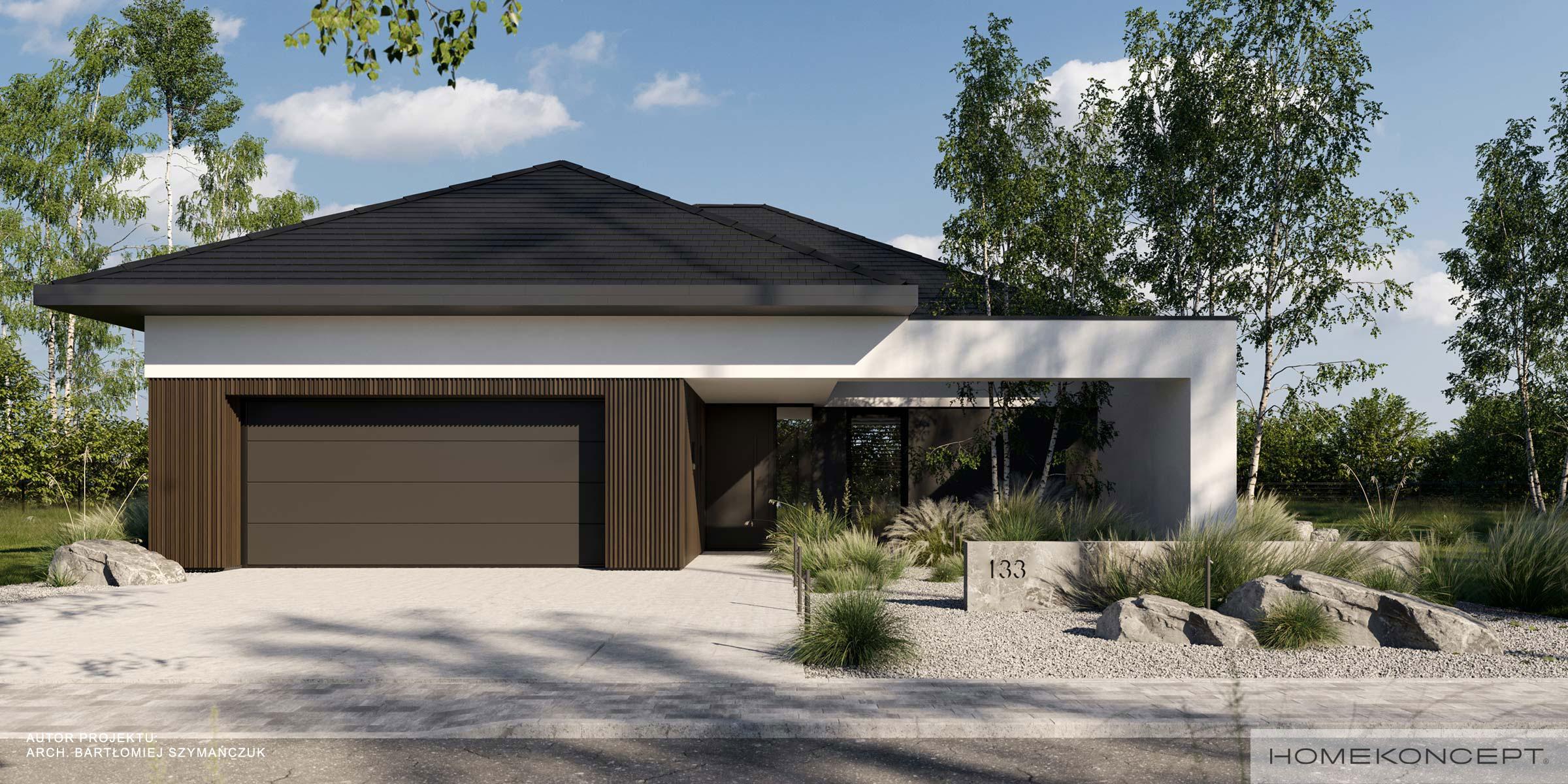 Projekty domów jednorodzinnych - projekty domów parterowych z garażem - projekty domów 130m2 homekoncept 133 - widok na wejście do domu.