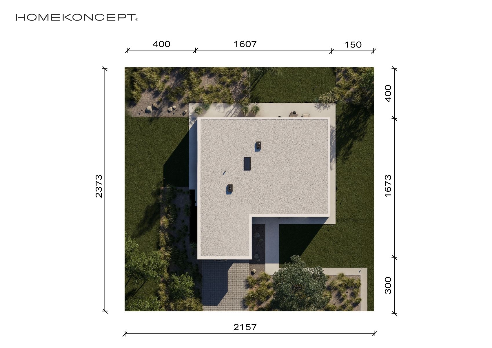 Projekt domu z płaskim dachem homekoncept 122 - widok domu na działce.