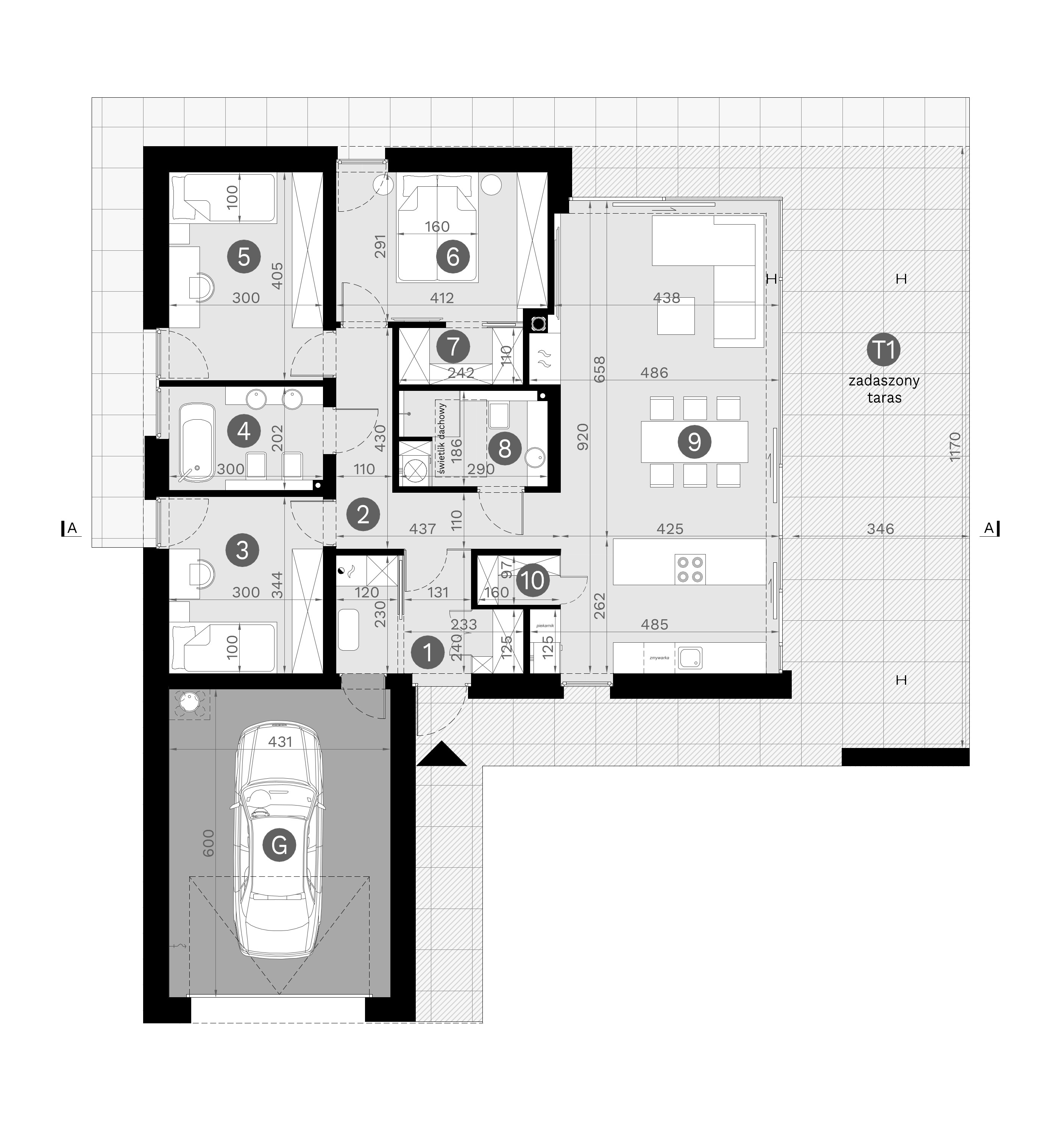 Projekt domu z płaskim dachem homekoncept 112 g1 - rzut parteru z wymiarami pomieszczeń.