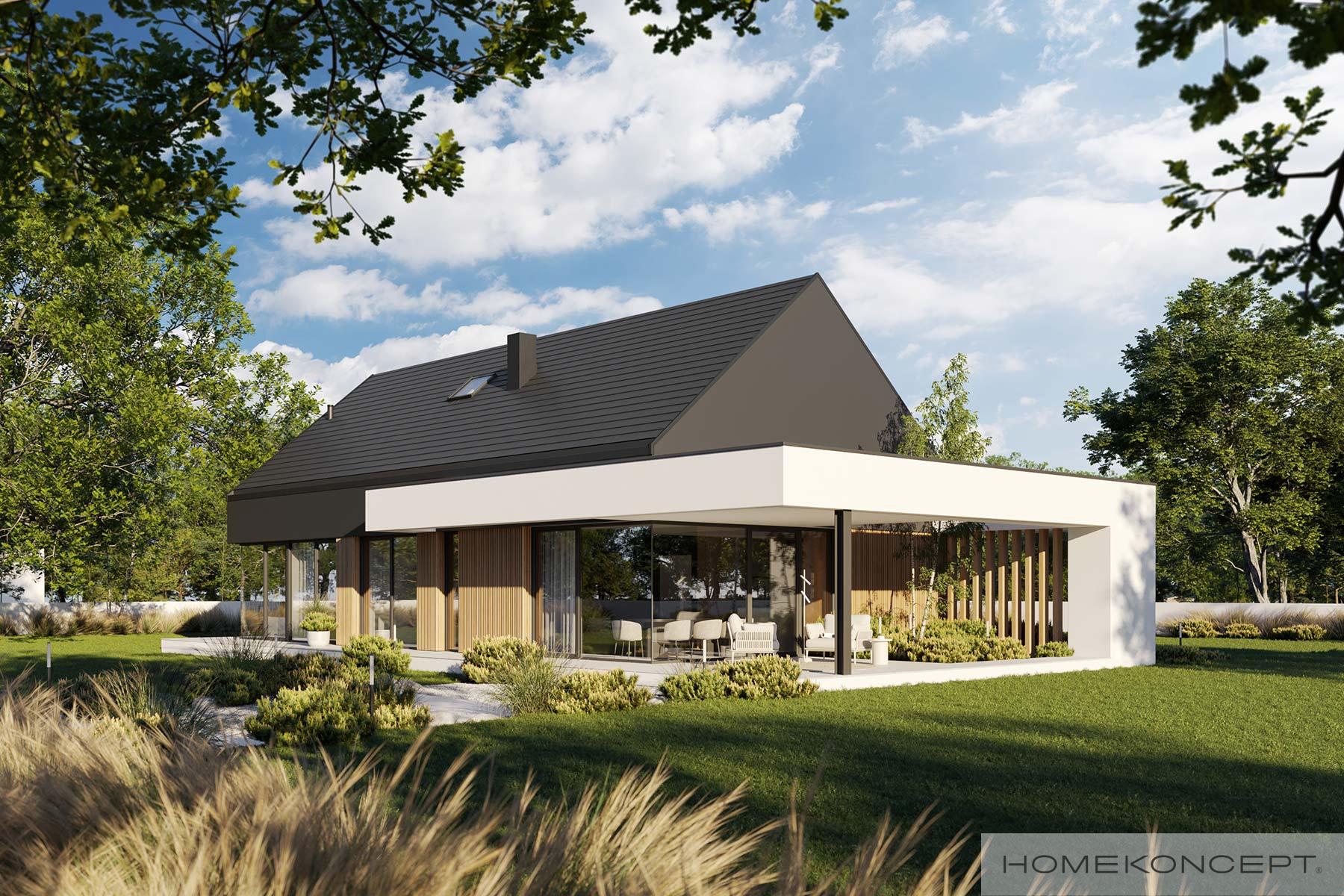 Dom parterowy - z wjazdem od południa - nowoczesna stodoła homekoncept 144 - widok na taras.