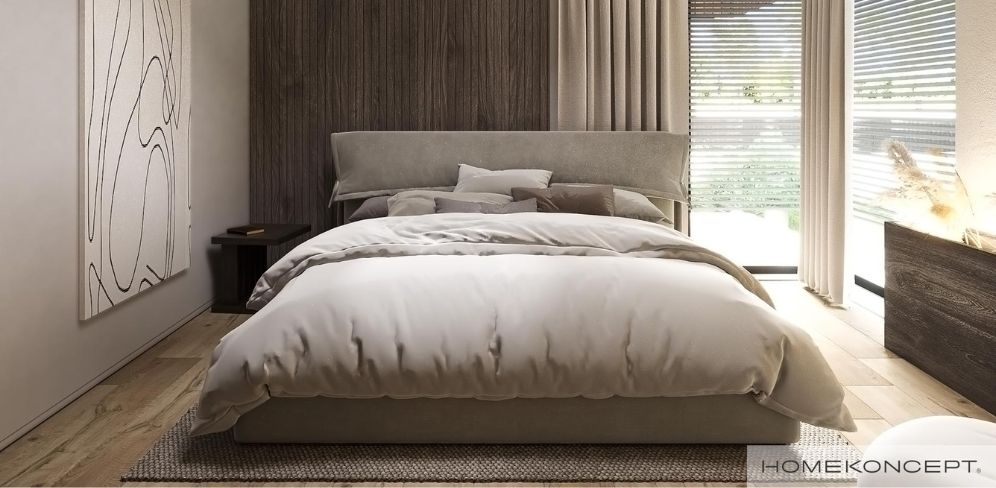 Projekt domu parterowego homekoncept 97 b g2 - widok nowoczesnej sypialni z łóżkiem tapicerowanym i dużym przeszkleniem.
