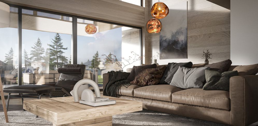 Nowoczesna stodoła projekt homekoncept 95 a - widok na elegancki salon w drewnie i ze skórzaną sofą.
