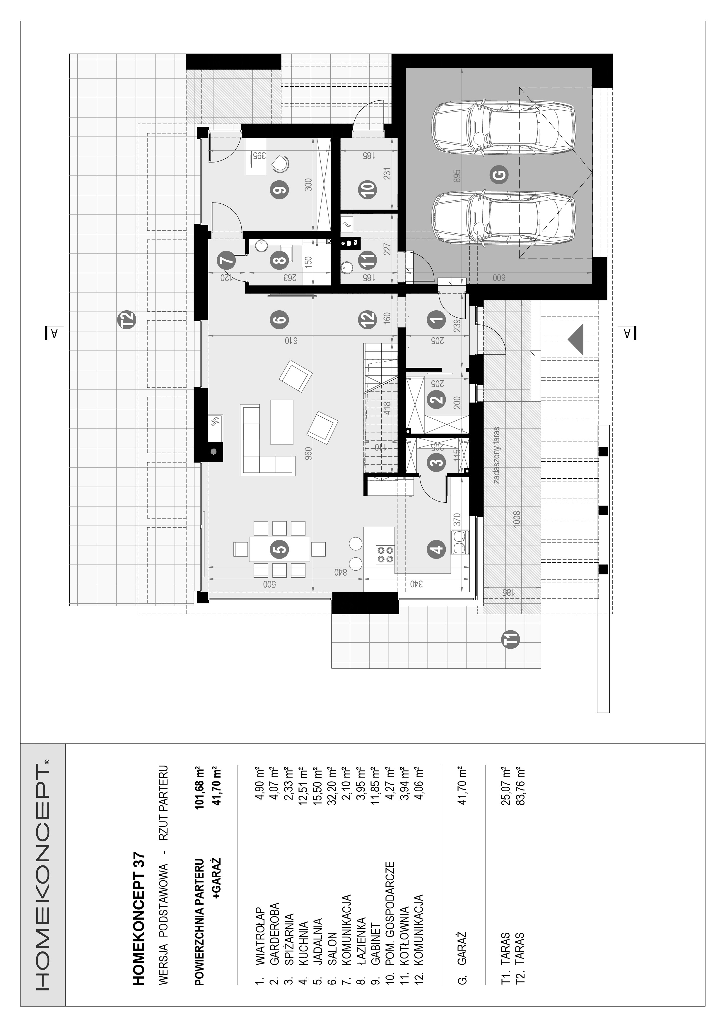 Rozkład pomieszczeń w projekcie domu piętrowego HOMEKONCEPT 37 - parter
