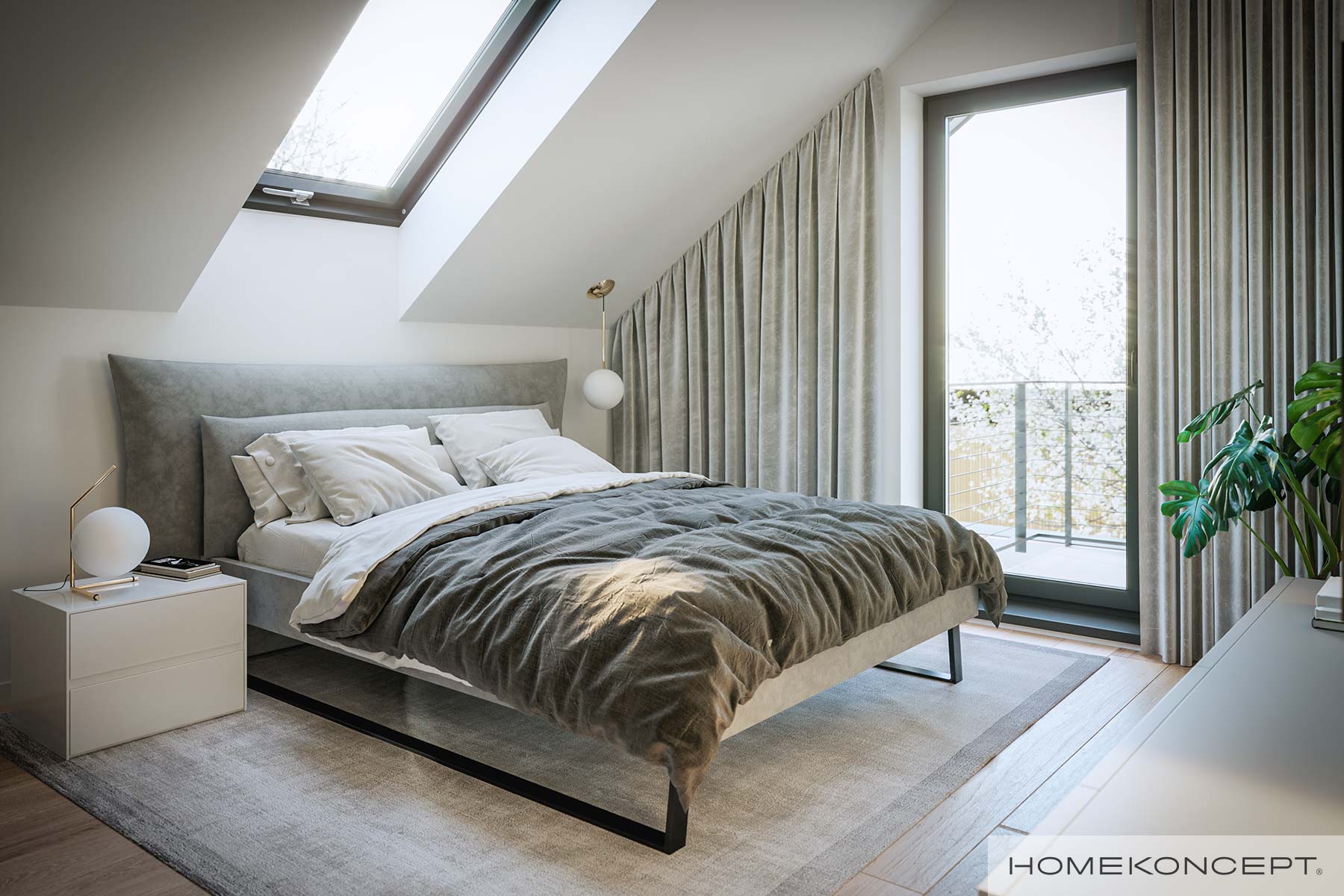 Jasna sypialnia z dużym łóżkiem i designerskim oświetleniem HOMEKONCEPT 02 G2 EN wariant 1