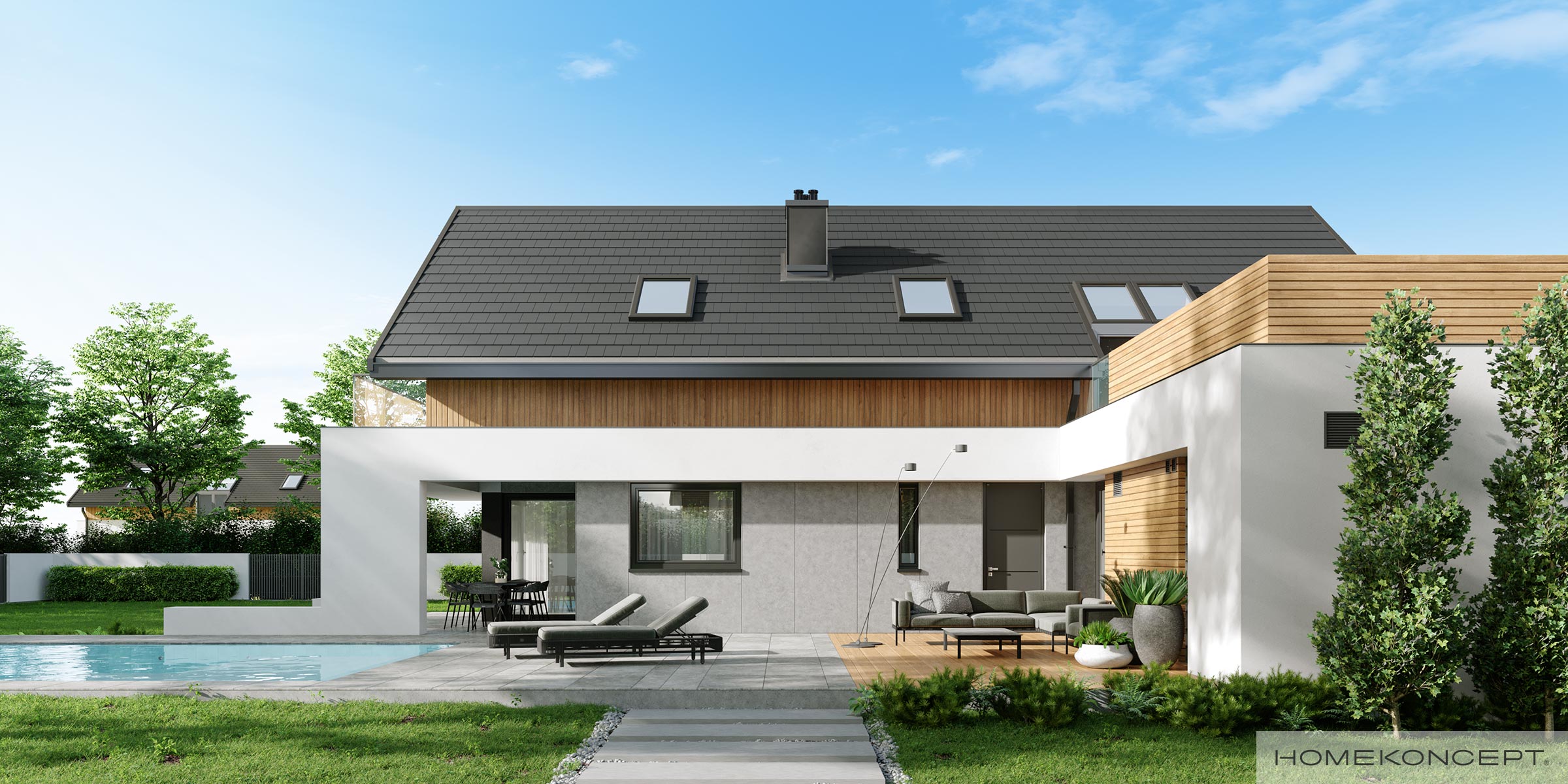 Nowoczesny dom z poddaszem użytkowym – gotowy projekt HomeKONCEPT HomeKONCEPT 01 EN z tarasem i spadzistym dachem