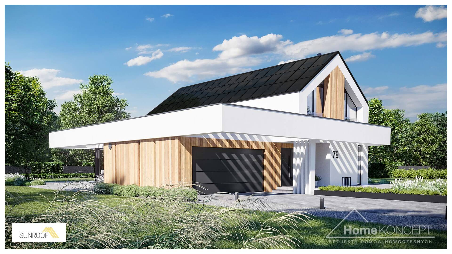 Nowoczesne rozwiązanie dachu solarnego SunRoof w gotowym projekcie domu HOMEKONCEPT 79