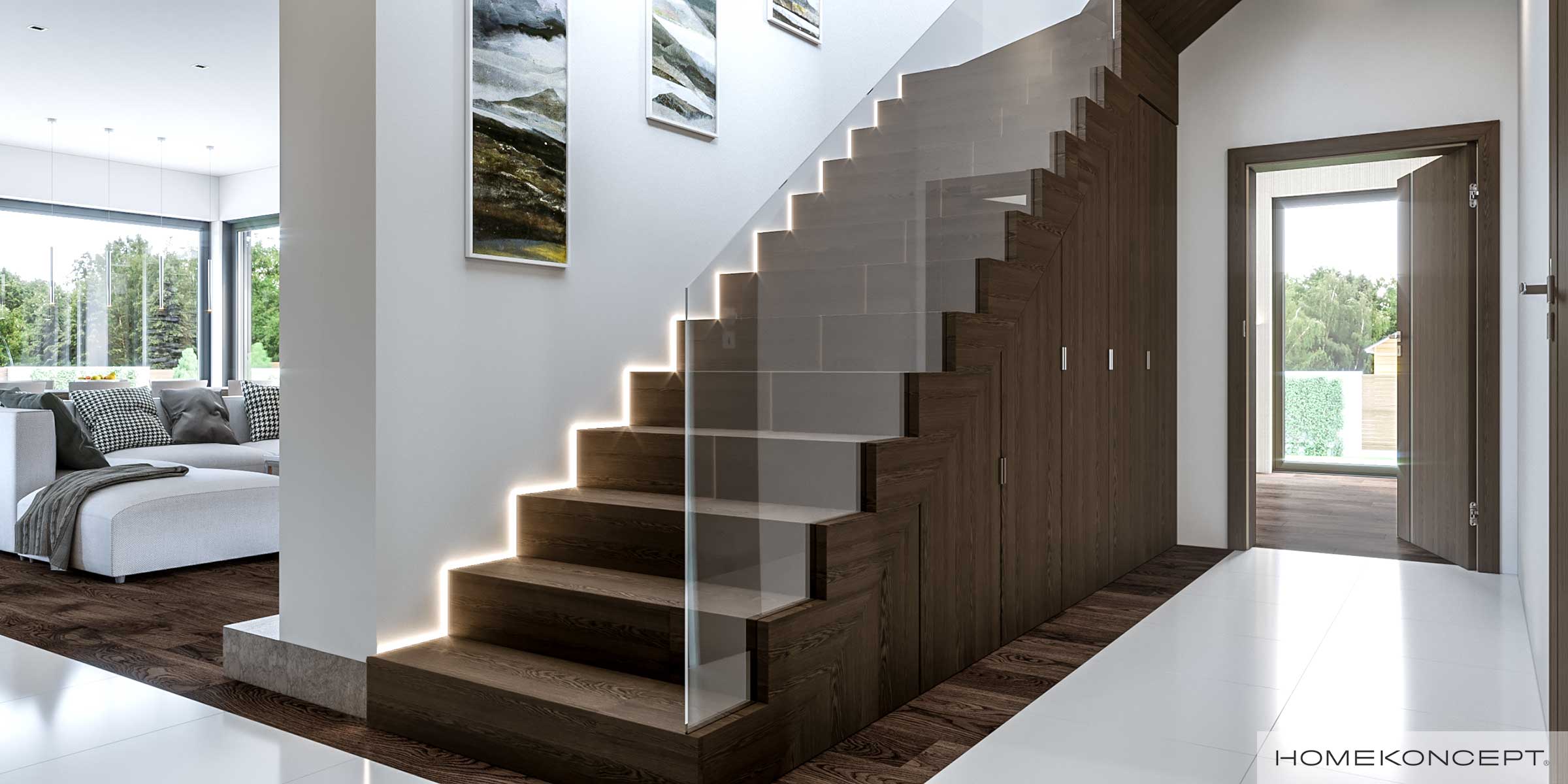 Nowoczesne schody w projekcie domu jednorodzinnego HOMEKONCEPT 41 – pomysł na mały dom