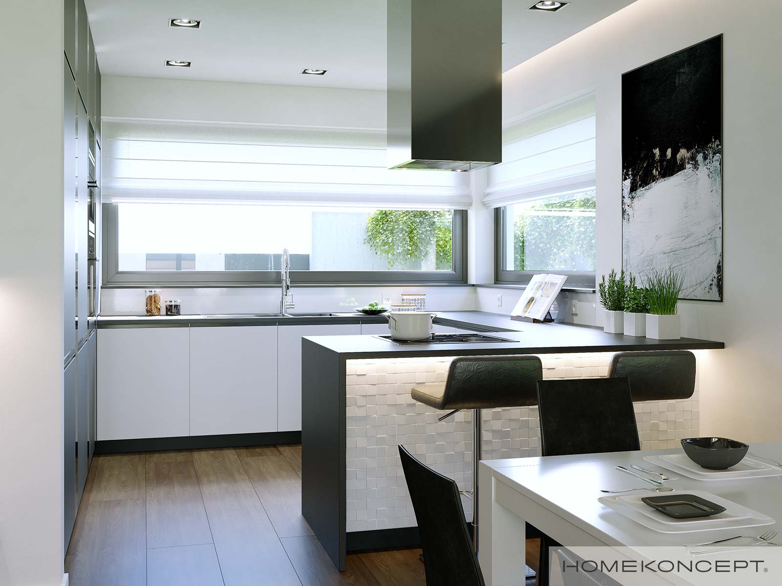 Gotowy projekt domu HomeKONCEPT 43 z oknem narożnym w strefie kuchennej – funkcjonalna kuchnia w domu jednorodzinnym