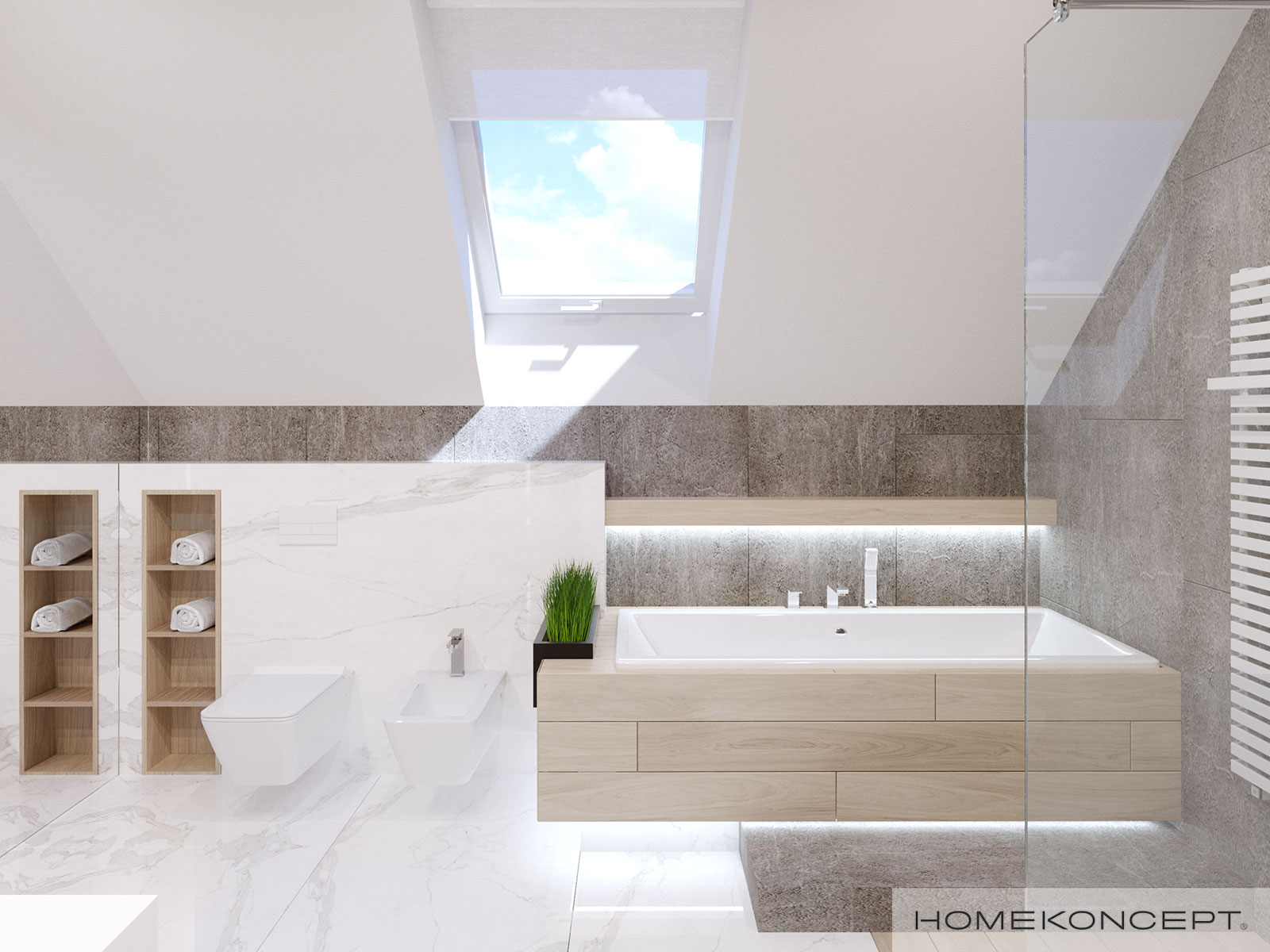 Nowoczesna łazienka z płytką marmurową na poddaszu - gotowy projekt domu HOMEKONCEPT 50