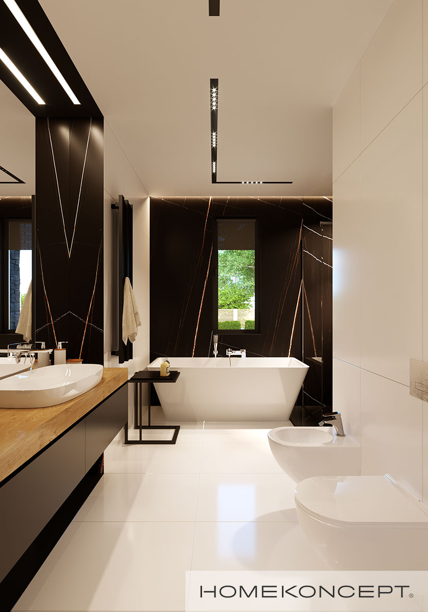 Nowoczesna aranżacja łazienki w gotowym projekcie domu do 150 m2 – parterówka HOMEKONCEPT 54