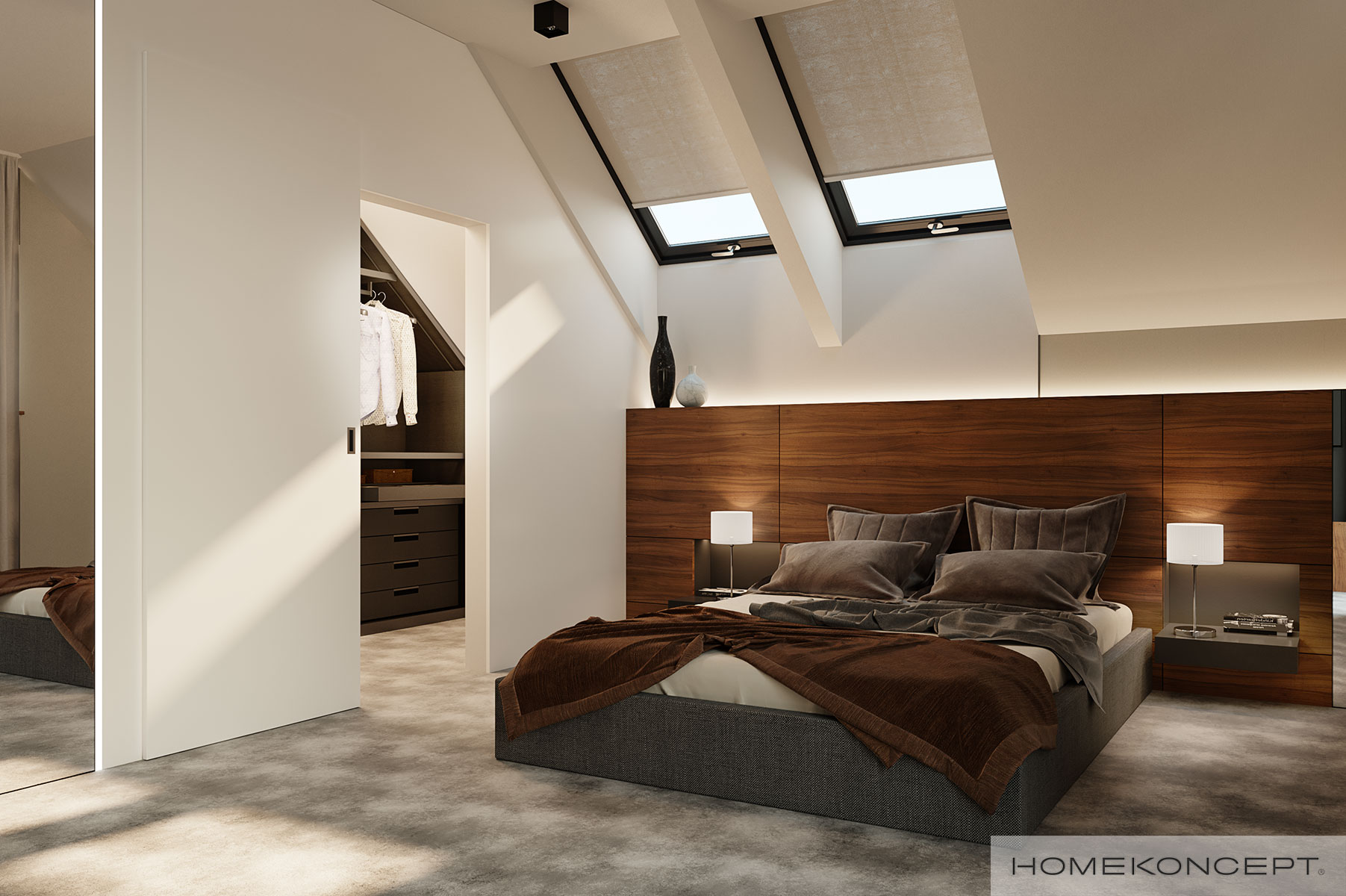 Sypialnia na poddaszu z czekoladowymi detalami - drewno, narzuta i łóżko bez zagłówka - HOMEKONCEPT 56