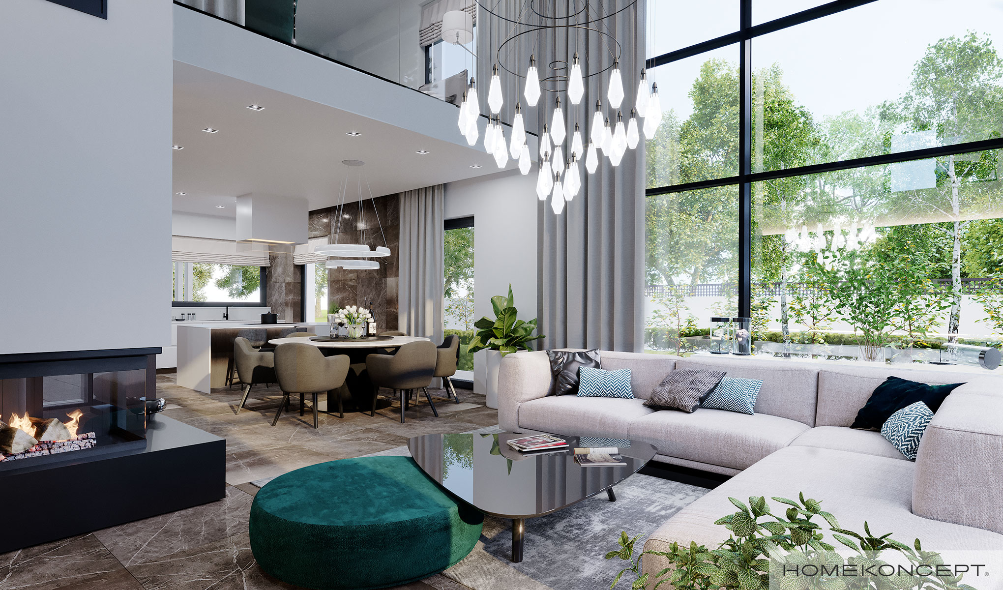 Rozświetlony salon z dużymi przeszkleniami w nowoczesnej willi HomeKONCEPT 60 - pomysły na miłe wnętrza